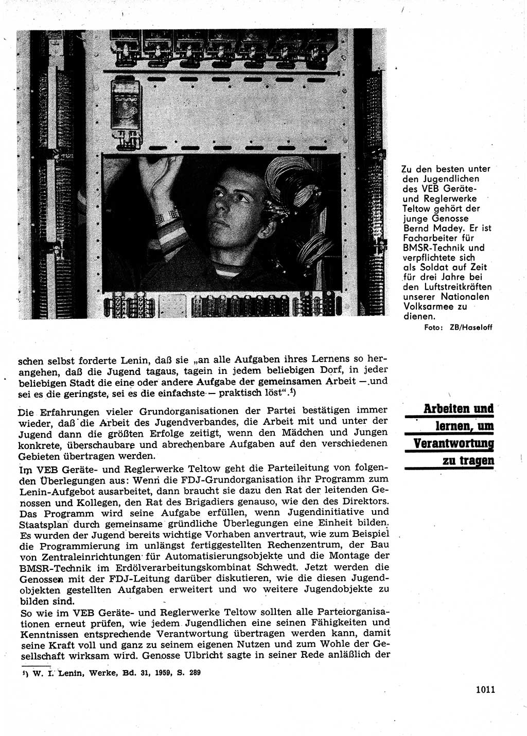 Neuer Weg (NW), Organ des Zentralkomitees (ZK) der SED (Sozialistische Einheitspartei Deutschlands) für Fragen des Parteilebens, 24. Jahrgang [Deutsche Demokratische Republik (DDR)] 1969, Seite 1011 (NW ZK SED DDR 1969, S. 1011)