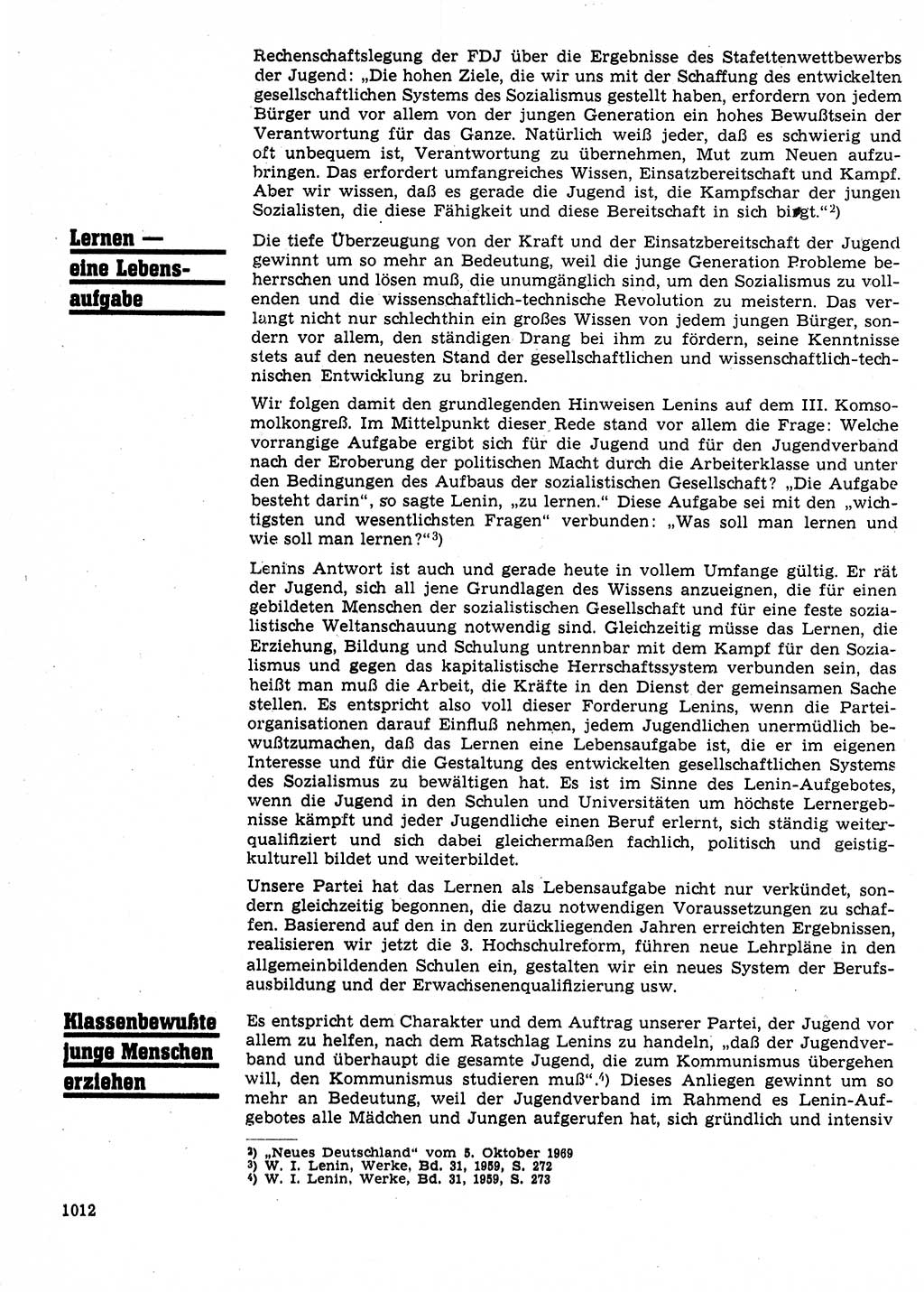 Neuer Weg (NW), Organ des Zentralkomitees (ZK) der SED (Sozialistische Einheitspartei Deutschlands) für Fragen des Parteilebens, 24. Jahrgang [Deutsche Demokratische Republik (DDR)] 1969, Seite 1012 (NW ZK SED DDR 1969, S. 1012)