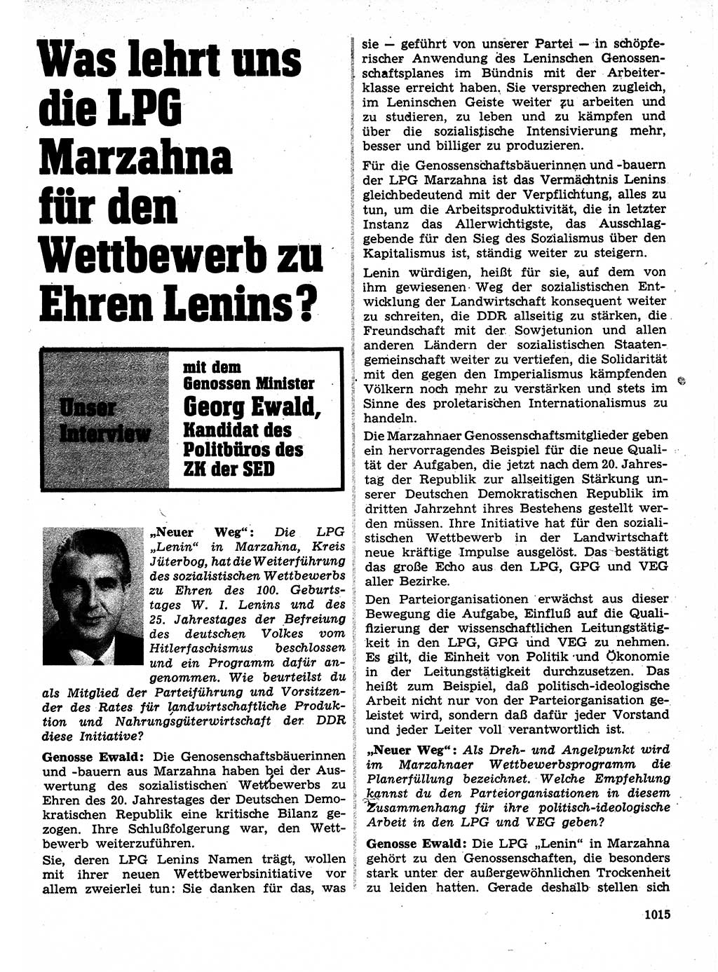 Neuer Weg (NW), Organ des Zentralkomitees (ZK) der SED (Sozialistische Einheitspartei Deutschlands) für Fragen des Parteilebens, 24. Jahrgang [Deutsche Demokratische Republik (DDR)] 1969, Seite 1015 (NW ZK SED DDR 1969, S. 1015)