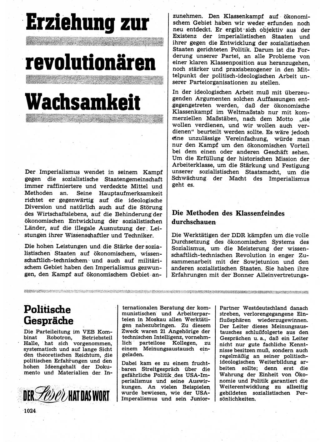 Neuer Weg (NW), Organ des Zentralkomitees (ZK) der SED (Sozialistische Einheitspartei Deutschlands) für Fragen des Parteilebens, 24. Jahrgang [Deutsche Demokratische Republik (DDR)] 1969, Seite 1024 (NW ZK SED DDR 1969, S. 1024)