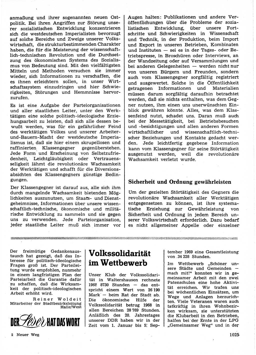 Neuer Weg (NW), Organ des Zentralkomitees (ZK) der SED (Sozialistische Einheitspartei Deutschlands) für Fragen des Parteilebens, 24. Jahrgang [Deutsche Demokratische Republik (DDR)] 1969, Seite 1025 (NW ZK SED DDR 1969, S. 1025)