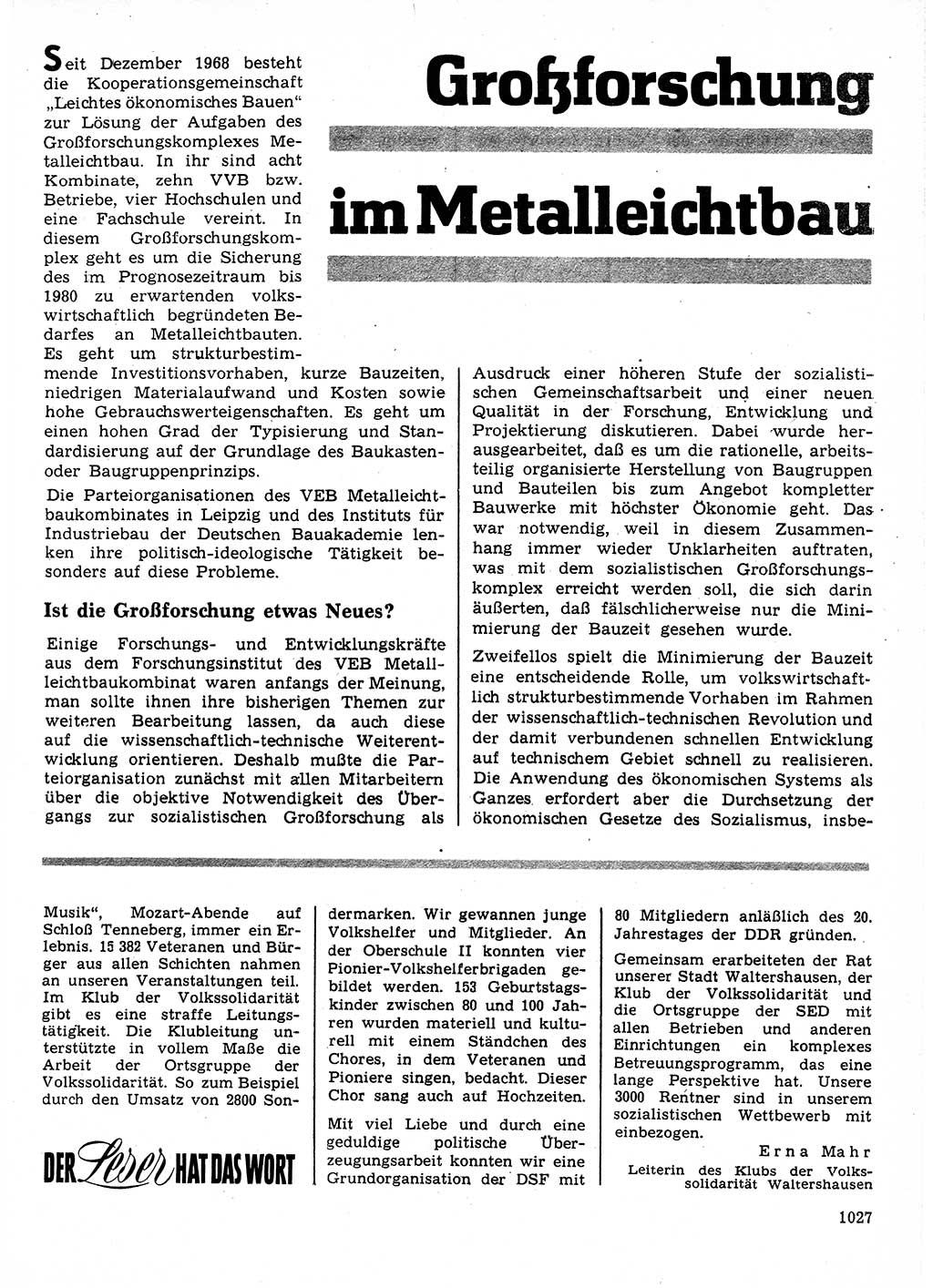 Neuer Weg (NW), Organ des Zentralkomitees (ZK) der SED (Sozialistische Einheitspartei Deutschlands) für Fragen des Parteilebens, 24. Jahrgang [Deutsche Demokratische Republik (DDR)] 1969, Seite 1027 (NW ZK SED DDR 1969, S. 1027)