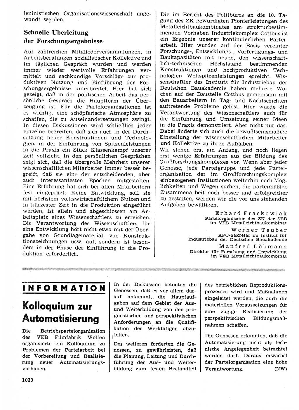 Neuer Weg (NW), Organ des Zentralkomitees (ZK) der SED (Sozialistische Einheitspartei Deutschlands) für Fragen des Parteilebens, 24. Jahrgang [Deutsche Demokratische Republik (DDR)] 1969, Seite 1030 (NW ZK SED DDR 1969, S. 1030)