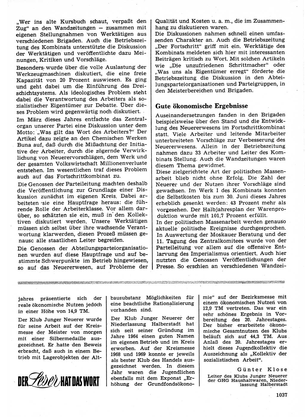 Neuer Weg (NW), Organ des Zentralkomitees (ZK) der SED (Sozialistische Einheitspartei Deutschlands) für Fragen des Parteilebens, 24. Jahrgang [Deutsche Demokratische Republik (DDR)] 1969, Seite 1037 (NW ZK SED DDR 1969, S. 1037)