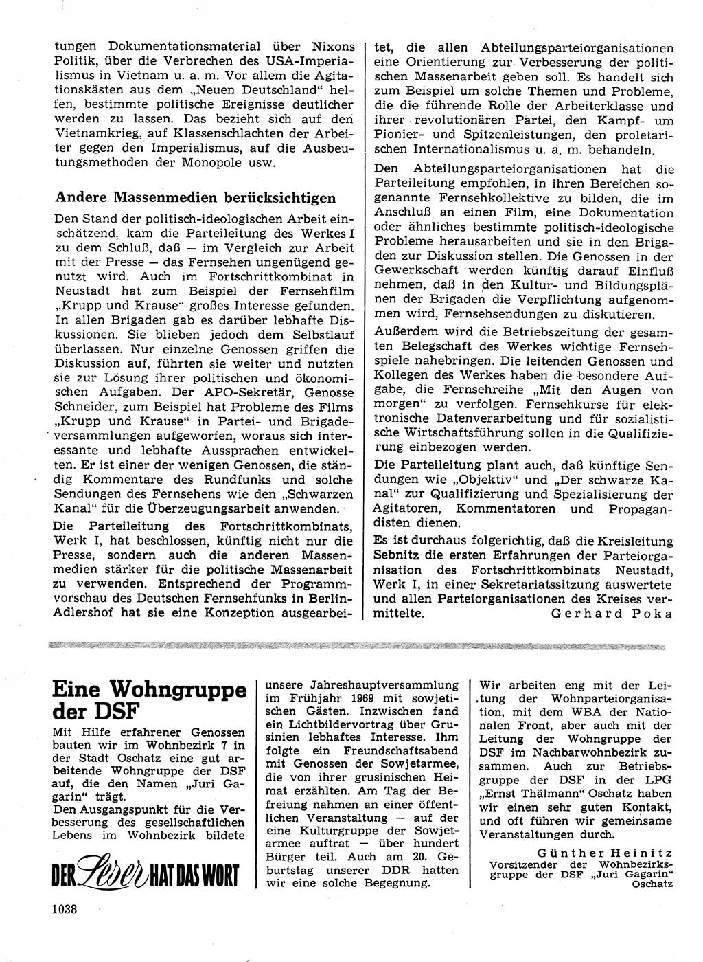 Neuer Weg (NW), Organ des Zentralkomitees (ZK) der SED (Sozialistische Einheitspartei Deutschlands) für Fragen des Parteilebens, 24. Jahrgang [Deutsche Demokratische Republik (DDR)] 1969, Seite 1038 (NW ZK SED DDR 1969, S. 1038)