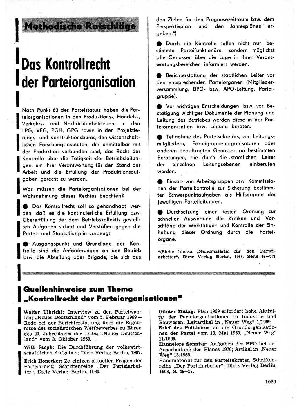 Neuer Weg (NW), Organ des Zentralkomitees (ZK) der SED (Sozialistische Einheitspartei Deutschlands) für Fragen des Parteilebens, 24. Jahrgang [Deutsche Demokratische Republik (DDR)] 1969, Seite 1039 (NW ZK SED DDR 1969, S. 1039)