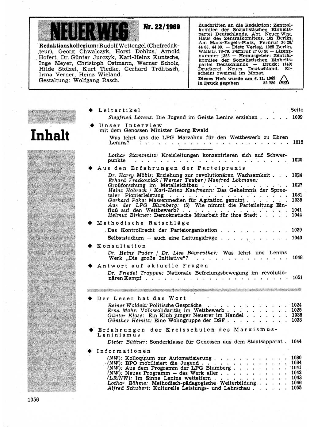 Neuer Weg (NW), Organ des Zentralkomitees (ZK) der SED (Sozialistische Einheitspartei Deutschlands) für Fragen des Parteilebens, 24. Jahrgang [Deutsche Demokratische Republik (DDR)] 1969, Seite 1056 (NW ZK SED DDR 1969, S. 1056)