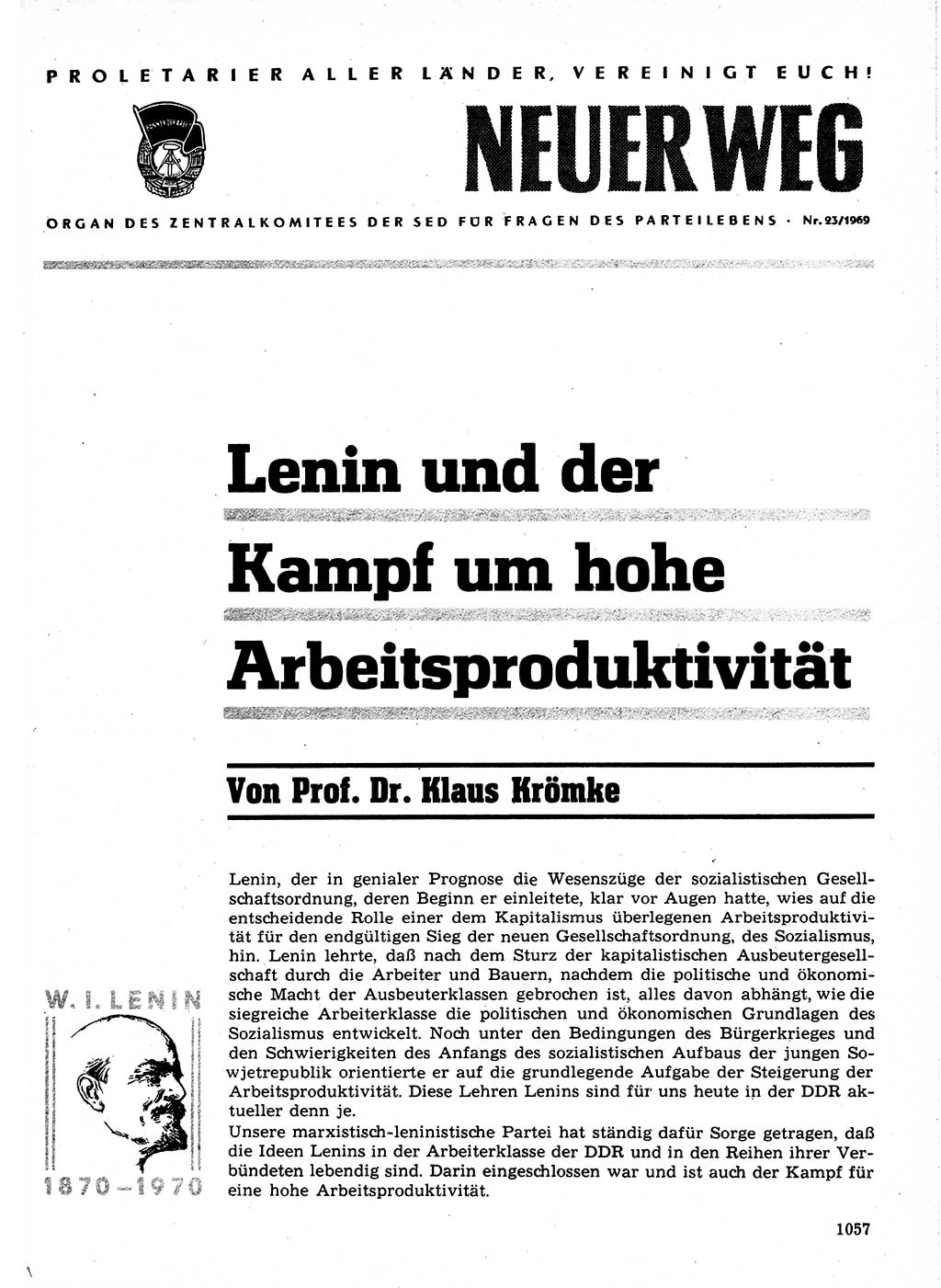 Neuer Weg (NW), Organ des Zentralkomitees (ZK) der SED (Sozialistische Einheitspartei Deutschlands) für Fragen des Parteilebens, 24. Jahrgang [Deutsche Demokratische Republik (DDR)] 1969, Seite 1057 (NW ZK SED DDR 1969, S. 1057)
