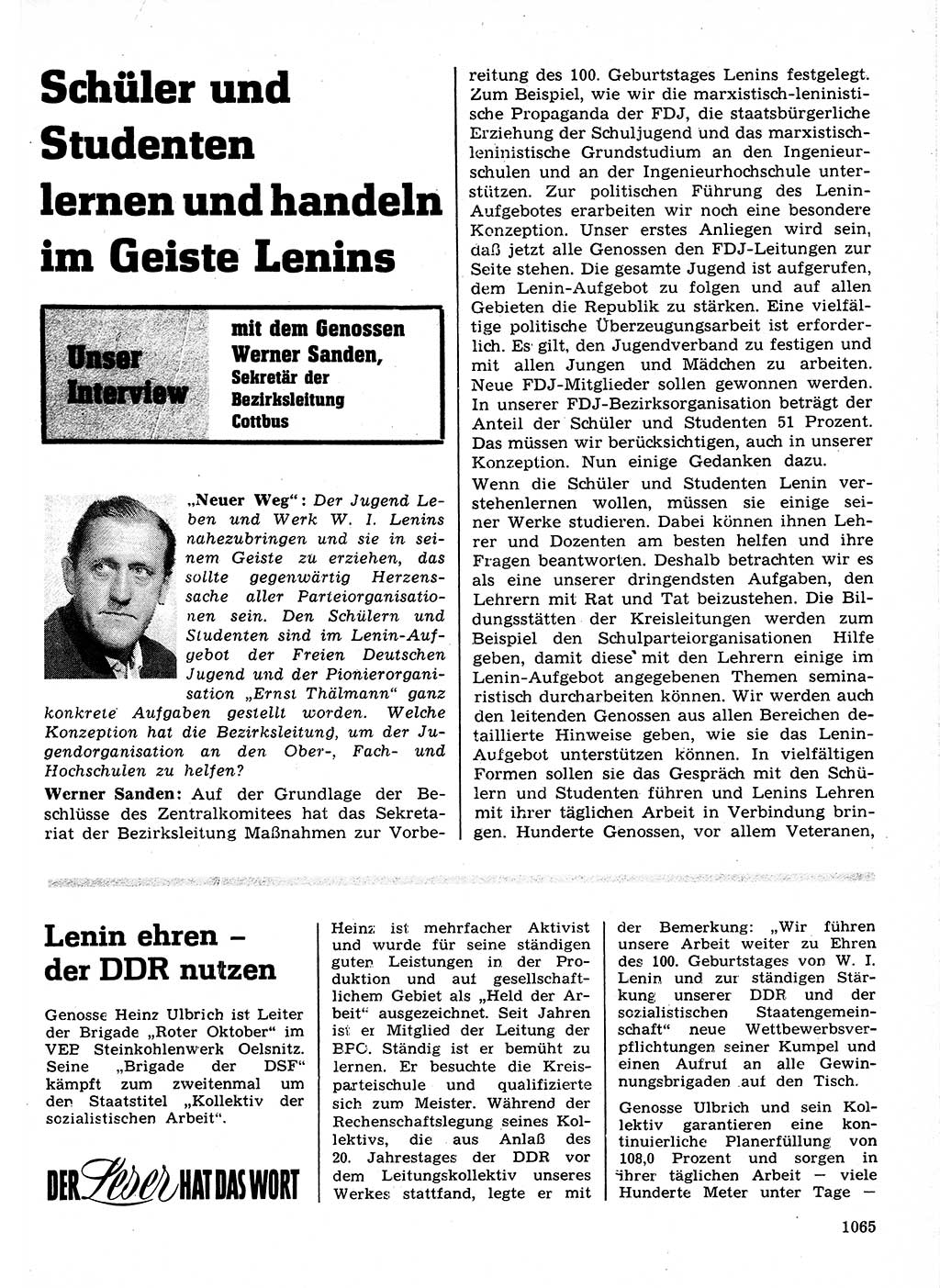Neuer Weg (NW), Organ des Zentralkomitees (ZK) der SED (Sozialistische Einheitspartei Deutschlands) für Fragen des Parteilebens, 24. Jahrgang [Deutsche Demokratische Republik (DDR)] 1969, Seite 1065 (NW ZK SED DDR 1969, S. 1065)