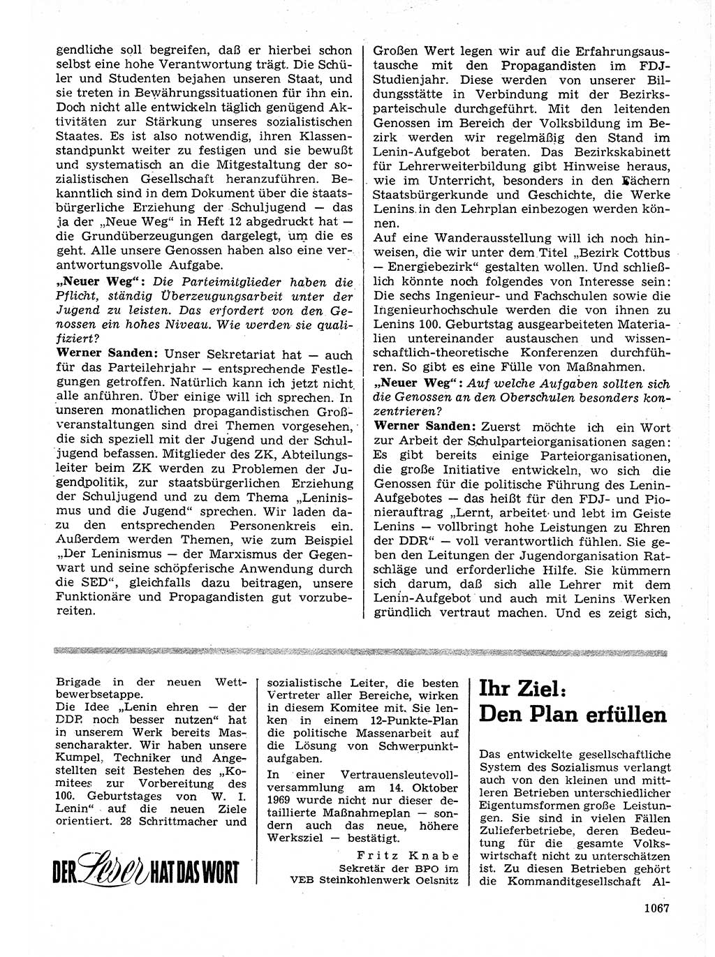 Neuer Weg (NW), Organ des Zentralkomitees (ZK) der SED (Sozialistische Einheitspartei Deutschlands) für Fragen des Parteilebens, 24. Jahrgang [Deutsche Demokratische Republik (DDR)] 1969, Seite 1067 (NW ZK SED DDR 1969, S. 1067)