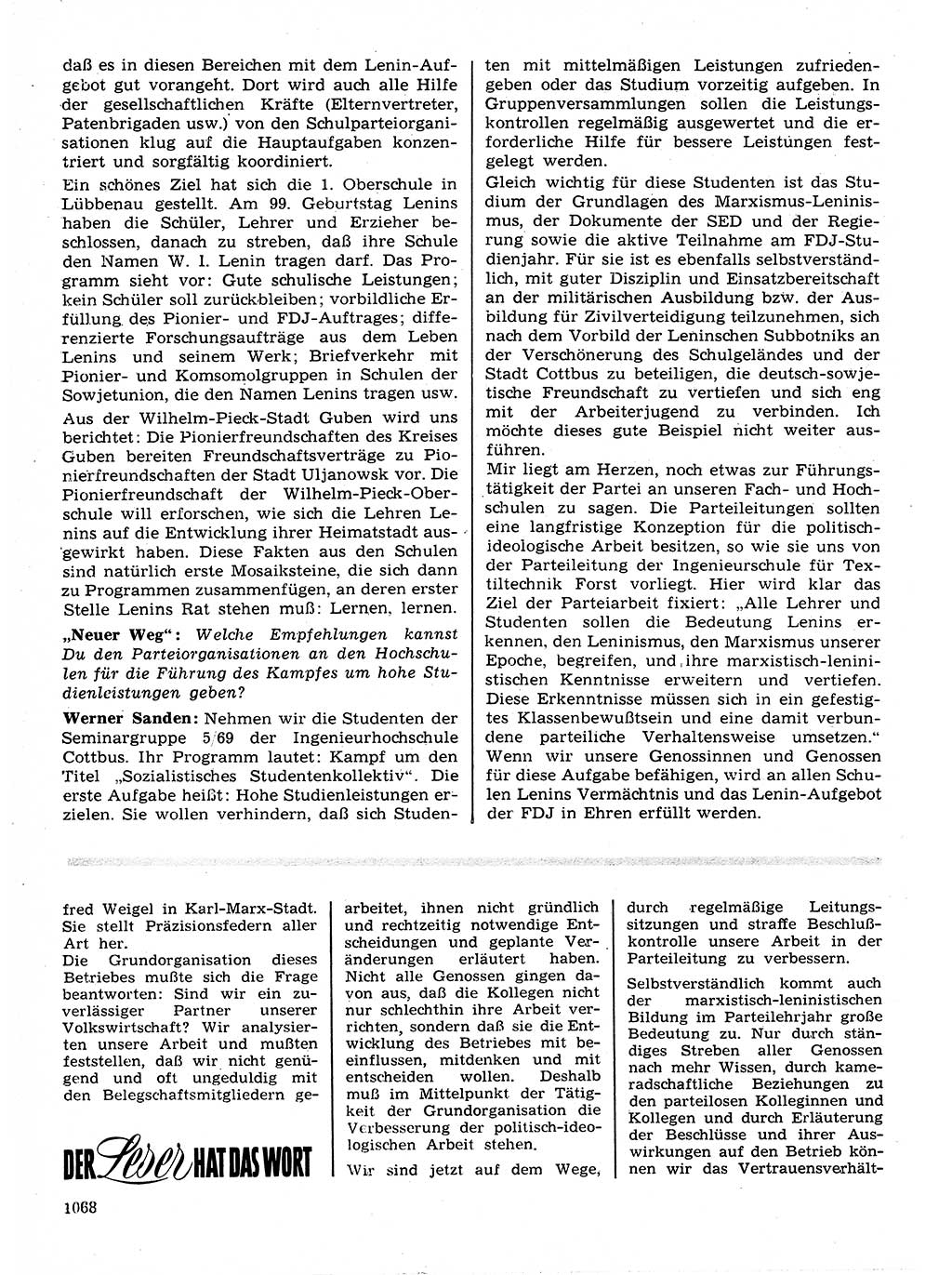 Neuer Weg (NW), Organ des Zentralkomitees (ZK) der SED (Sozialistische Einheitspartei Deutschlands) für Fragen des Parteilebens, 24. Jahrgang [Deutsche Demokratische Republik (DDR)] 1969, Seite 1068 (NW ZK SED DDR 1969, S. 1068)