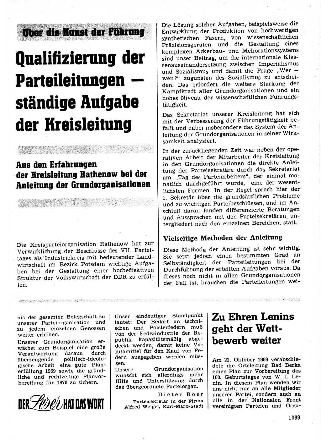 Neuer Weg (NW), Organ des Zentralkomitees (ZK) der SED (Sozialistische Einheitspartei Deutschlands) für Fragen des Parteilebens, 24. Jahrgang [Deutsche Demokratische Republik (DDR)] 1969, Seite 1069 (NW ZK SED DDR 1969, S. 1069)
