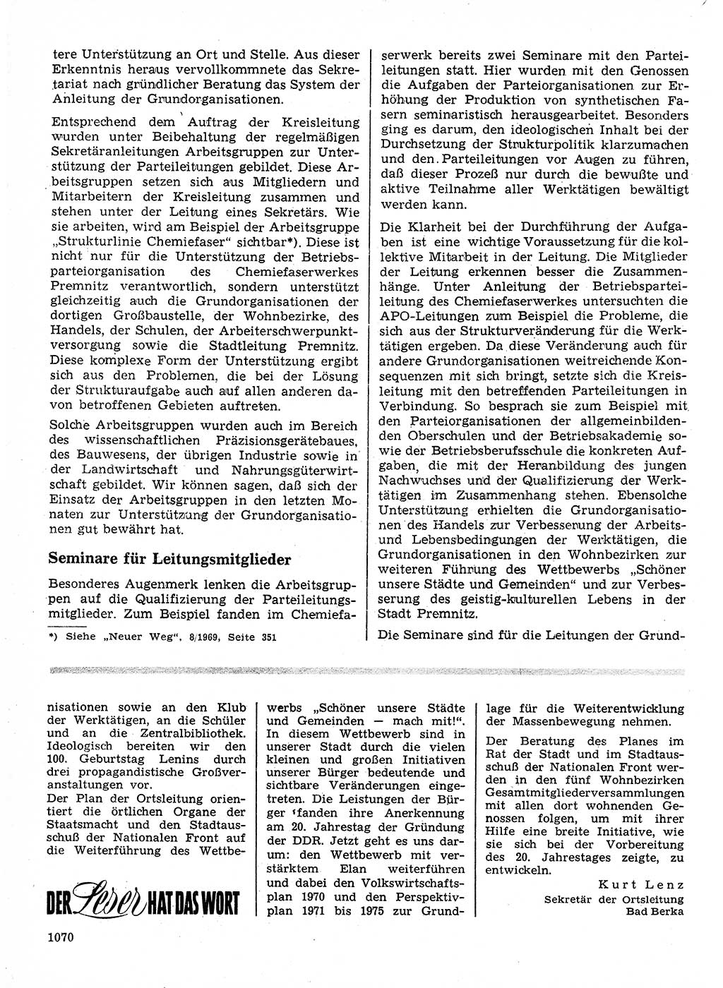 Neuer Weg (NW), Organ des Zentralkomitees (ZK) der SED (Sozialistische Einheitspartei Deutschlands) für Fragen des Parteilebens, 24. Jahrgang [Deutsche Demokratische Republik (DDR)] 1969, Seite 1070 (NW ZK SED DDR 1969, S. 1070)
