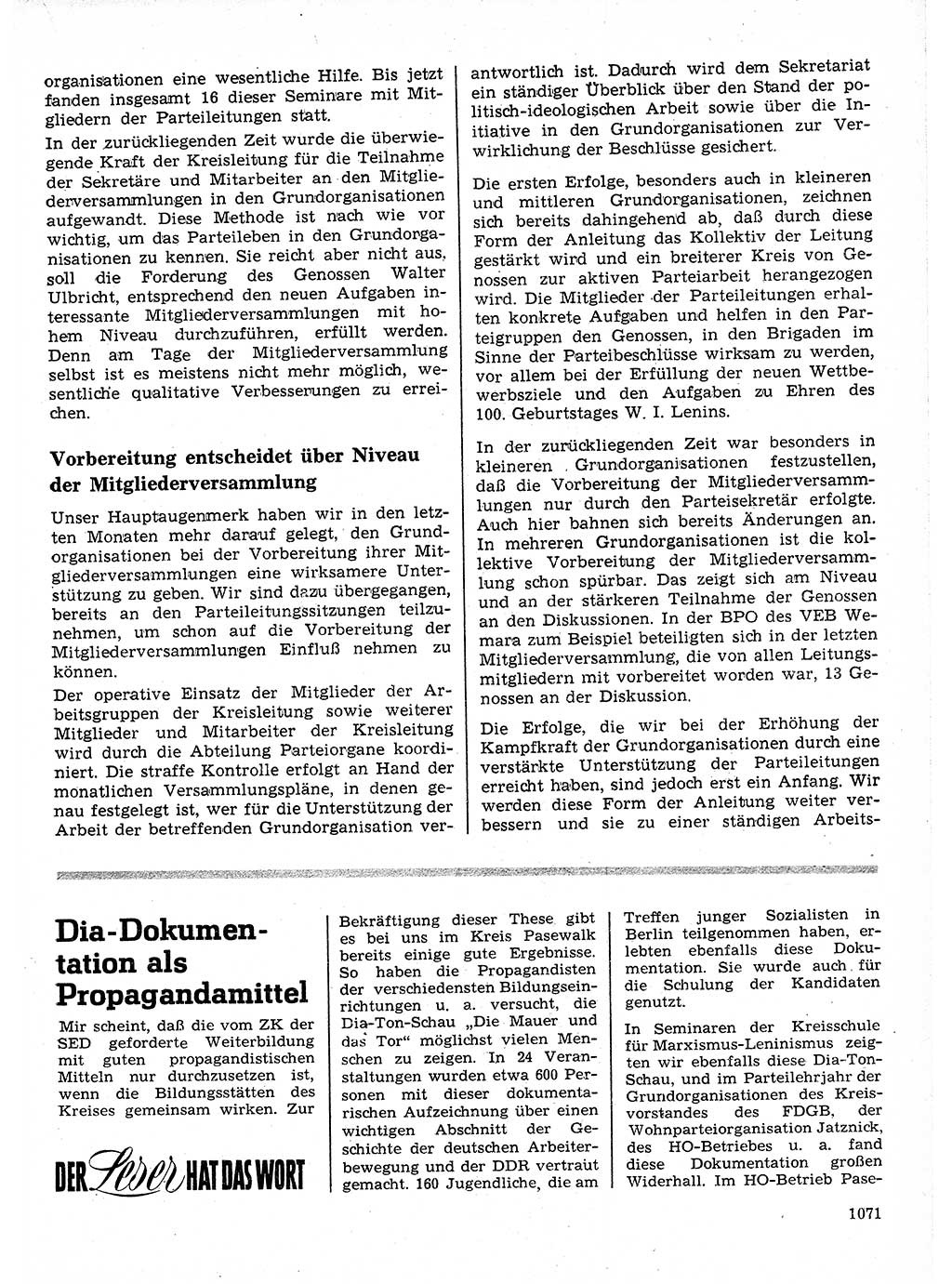 Neuer Weg (NW), Organ des Zentralkomitees (ZK) der SED (Sozialistische Einheitspartei Deutschlands) für Fragen des Parteilebens, 24. Jahrgang [Deutsche Demokratische Republik (DDR)] 1969, Seite 1071 (NW ZK SED DDR 1969, S. 1071)