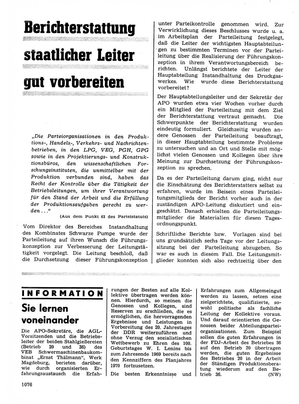 Neuer Weg (NW), Organ des Zentralkomitees (ZK) der SED (Sozialistische Einheitspartei Deutschlands) für Fragen des Parteilebens, 24. Jahrgang [Deutsche Demokratische Republik (DDR)] 1969, Seite 1076 (NW ZK SED DDR 1969, S. 1076)