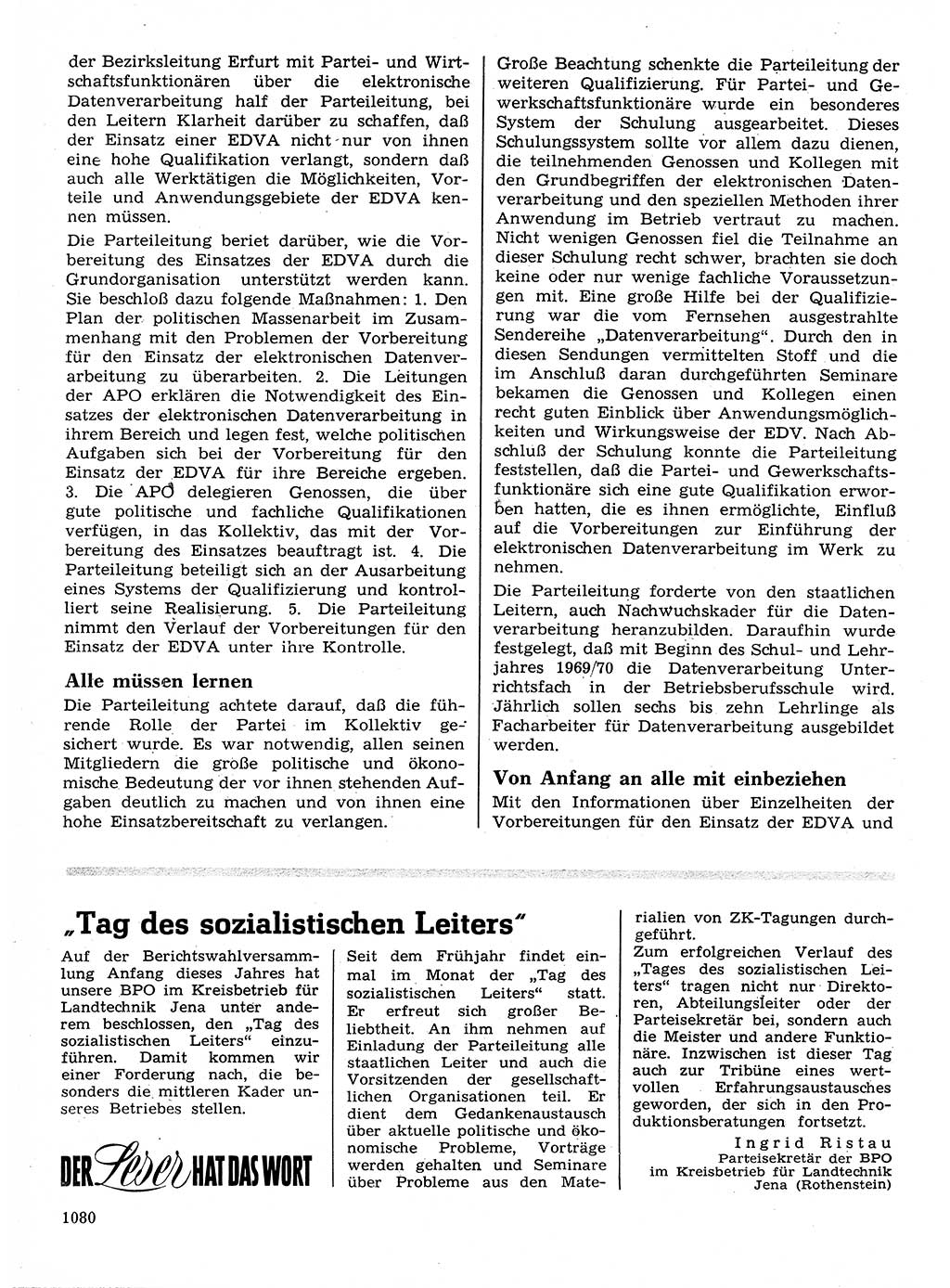 Neuer Weg (NW), Organ des Zentralkomitees (ZK) der SED (Sozialistische Einheitspartei Deutschlands) für Fragen des Parteilebens, 24. Jahrgang [Deutsche Demokratische Republik (DDR)] 1969, Seite 1080 (NW ZK SED DDR 1969, S. 1080)