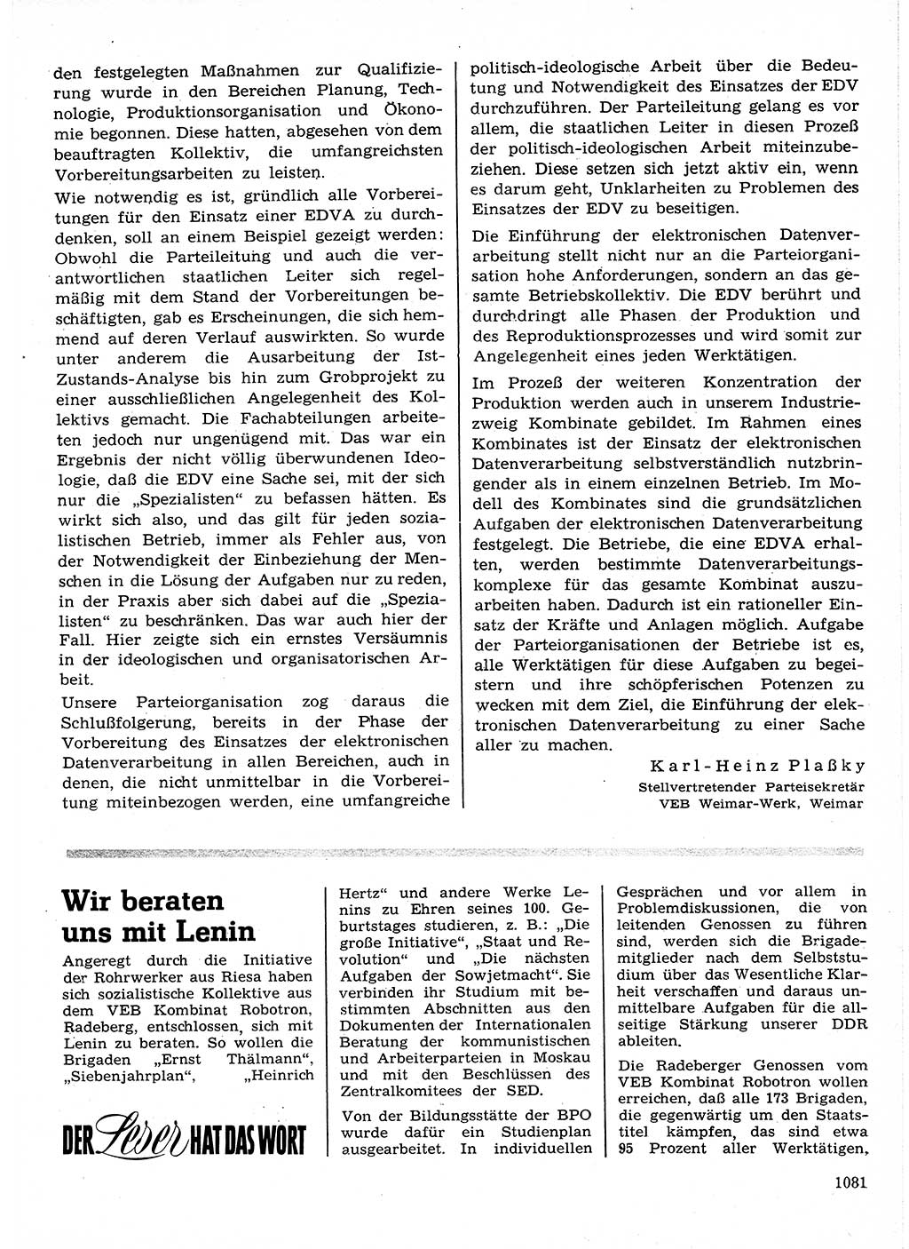 Neuer Weg (NW), Organ des Zentralkomitees (ZK) der SED (Sozialistische Einheitspartei Deutschlands) für Fragen des Parteilebens, 24. Jahrgang [Deutsche Demokratische Republik (DDR)] 1969, Seite 1081 (NW ZK SED DDR 1969, S. 1081)