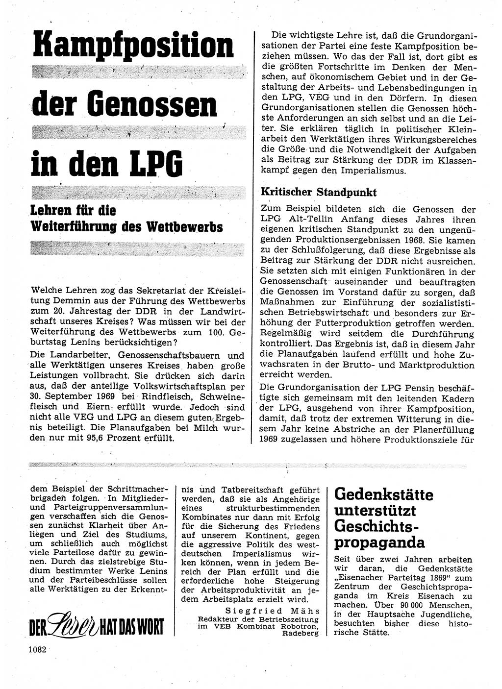 Neuer Weg (NW), Organ des Zentralkomitees (ZK) der SED (Sozialistische Einheitspartei Deutschlands) für Fragen des Parteilebens, 24. Jahrgang [Deutsche Demokratische Republik (DDR)] 1969, Seite 1082 (NW ZK SED DDR 1969, S. 1082)