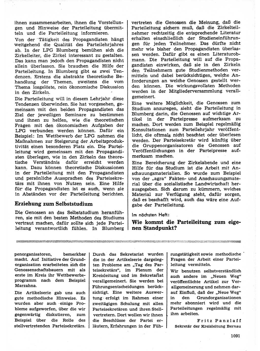Neuer Weg (NW), Organ des Zentralkomitees (ZK) der SED (Sozialistische Einheitspartei Deutschlands) für Fragen des Parteilebens, 24. Jahrgang [Deutsche Demokratische Republik (DDR)] 1969, Seite 1091 (NW ZK SED DDR 1969, S. 1091)