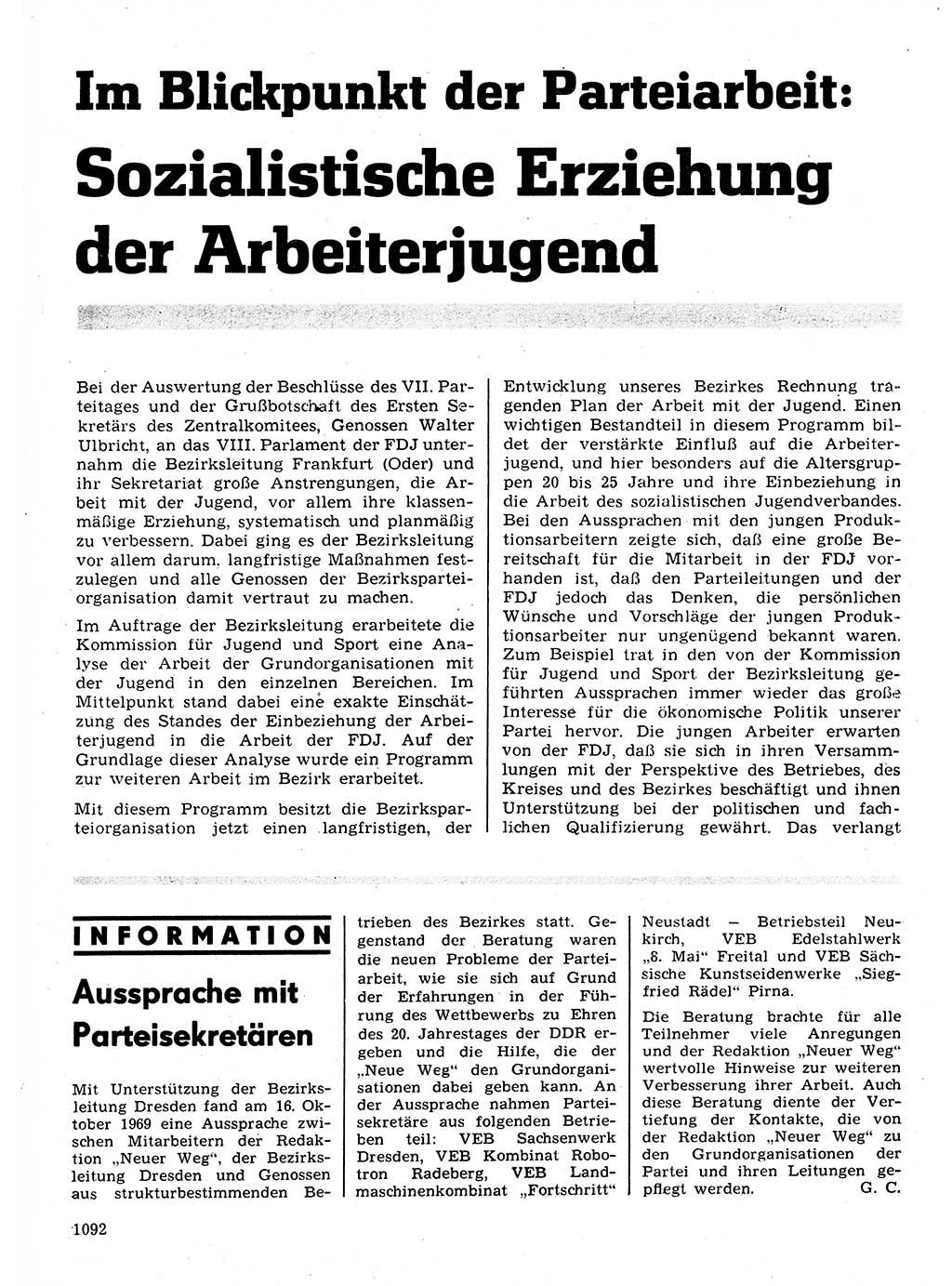 Neuer Weg (NW), Organ des Zentralkomitees (ZK) der SED (Sozialistische Einheitspartei Deutschlands) für Fragen des Parteilebens, 24. Jahrgang [Deutsche Demokratische Republik (DDR)] 1969, Seite 1092 (NW ZK SED DDR 1969, S. 1092)