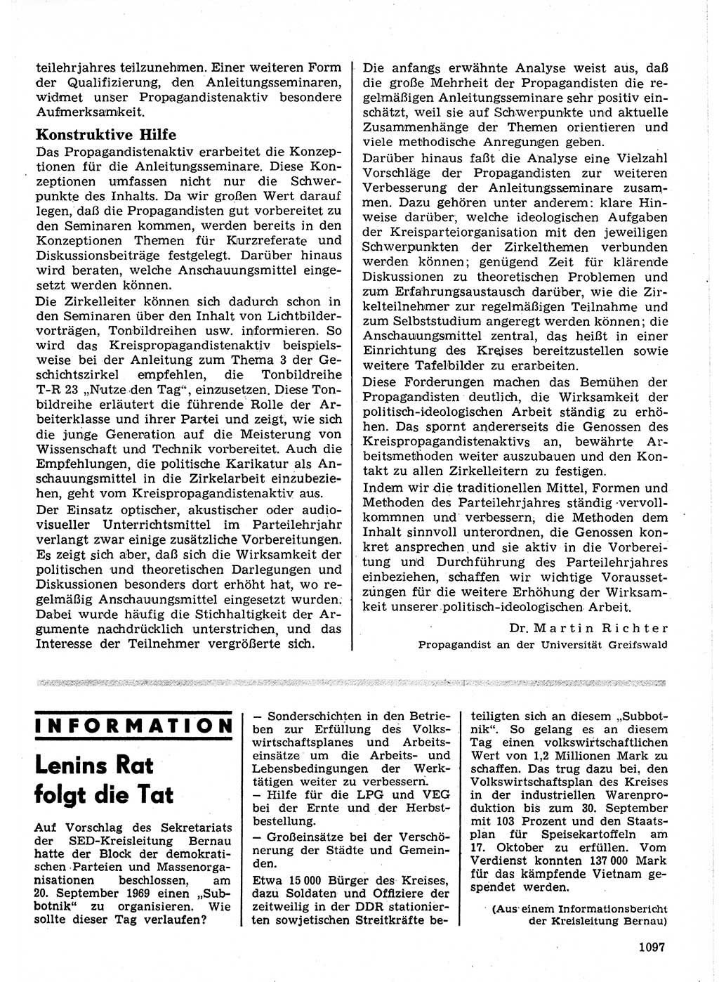 Neuer Weg (NW), Organ des Zentralkomitees (ZK) der SED (Sozialistische Einheitspartei Deutschlands) für Fragen des Parteilebens, 24. Jahrgang [Deutsche Demokratische Republik (DDR)] 1969, Seite 1097 (NW ZK SED DDR 1969, S. 1097)