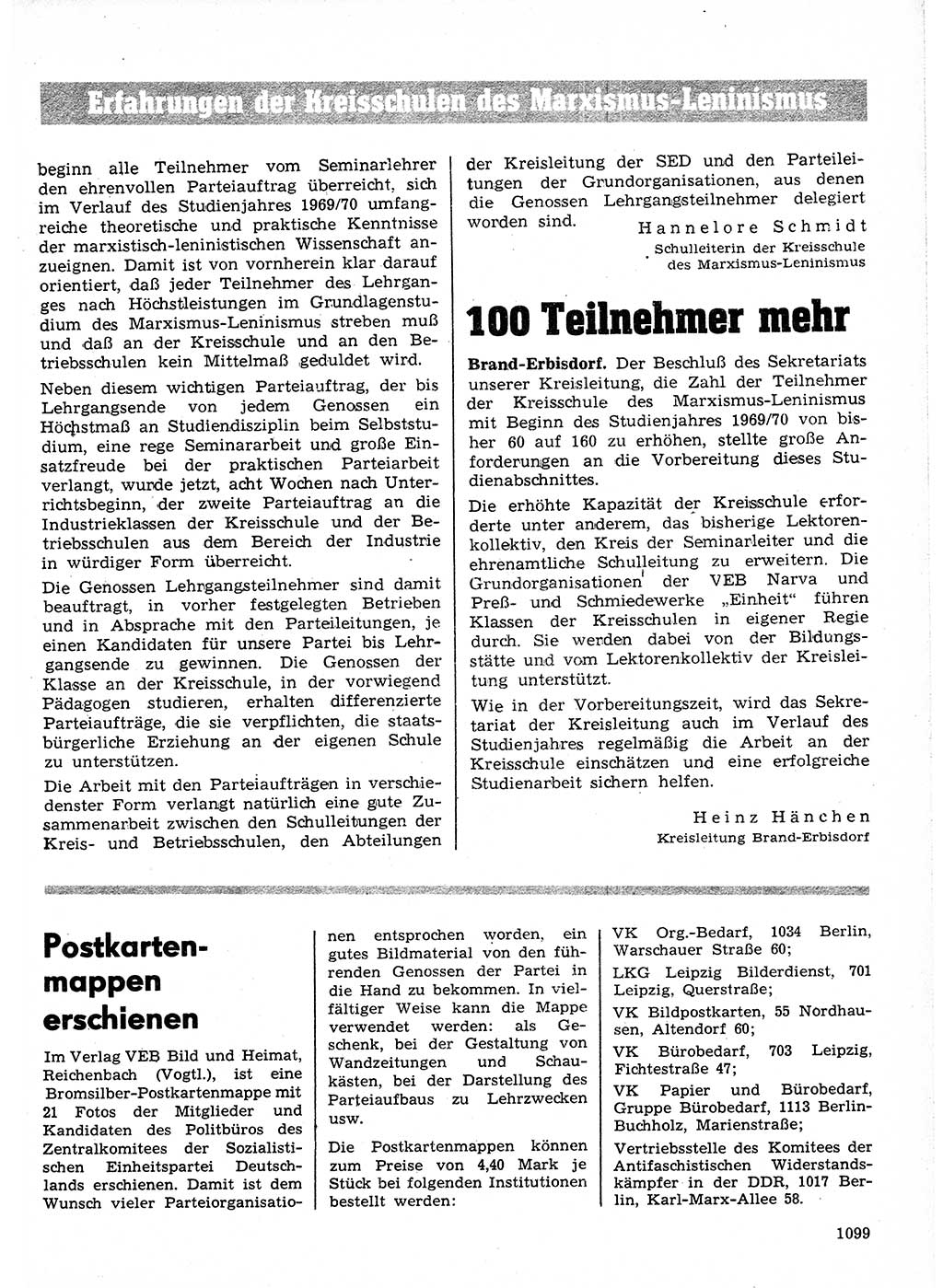 Neuer Weg (NW), Organ des Zentralkomitees (ZK) der SED (Sozialistische Einheitspartei Deutschlands) für Fragen des Parteilebens, 24. Jahrgang [Deutsche Demokratische Republik (DDR)] 1969, Seite 1099 (NW ZK SED DDR 1969, S. 1099)