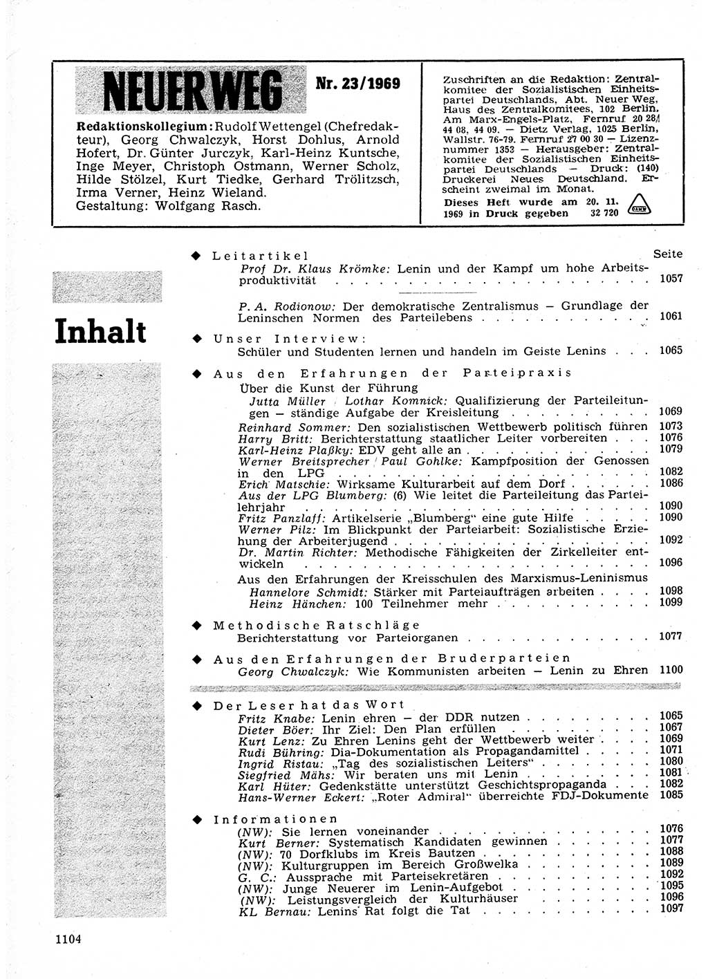 Neuer Weg (NW), Organ des Zentralkomitees (ZK) der SED (Sozialistische Einheitspartei Deutschlands) für Fragen des Parteilebens, 24. Jahrgang [Deutsche Demokratische Republik (DDR)] 1969, Seite 1104 (NW ZK SED DDR 1969, S. 1104)