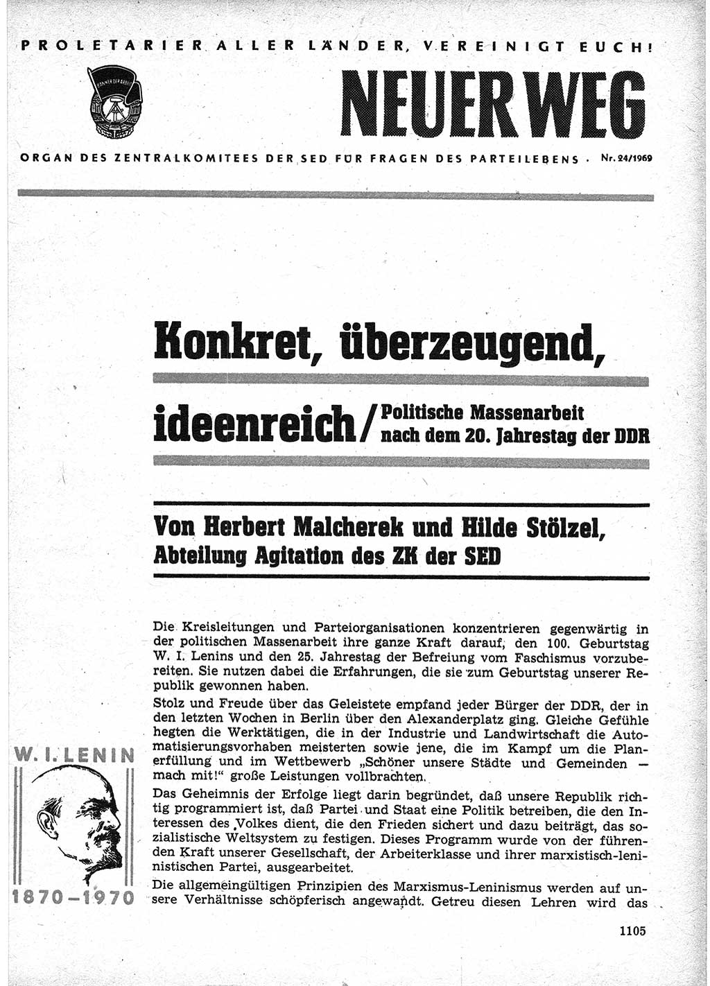 Neuer Weg (NW), Organ des Zentralkomitees (ZK) der SED (Sozialistische Einheitspartei Deutschlands) für Fragen des Parteilebens, 24. Jahrgang [Deutsche Demokratische Republik (DDR)] 1969, Seite 1105 (NW ZK SED DDR 1969, S. 1105)