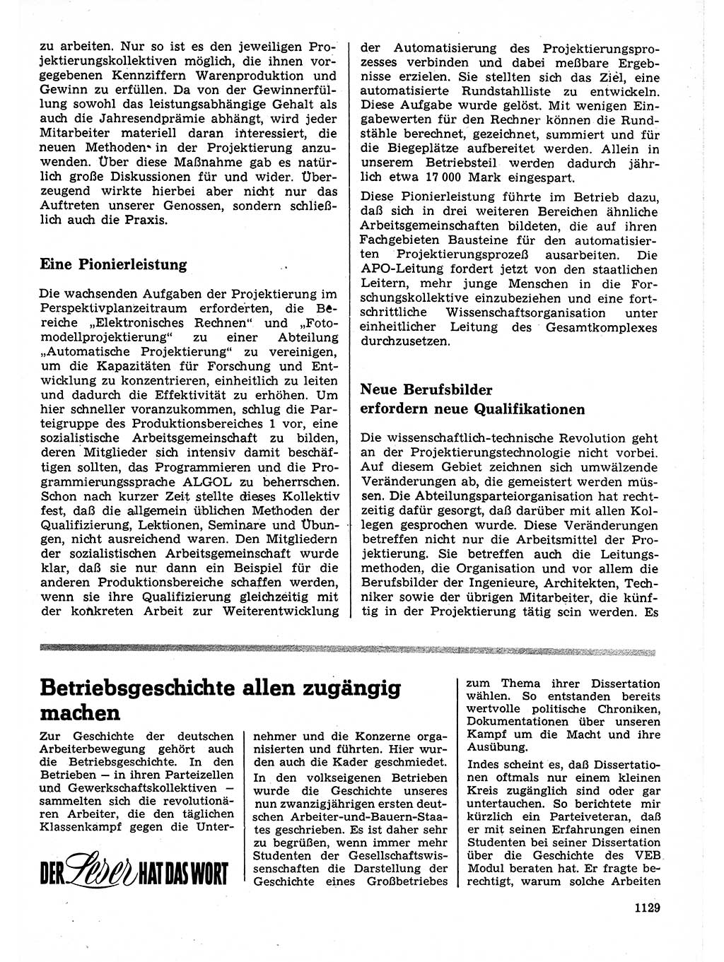 Neuer Weg (NW), Organ des Zentralkomitees (ZK) der SED (Sozialistische Einheitspartei Deutschlands) für Fragen des Parteilebens, 24. Jahrgang [Deutsche Demokratische Republik (DDR)] 1969, Seite 1129 (NW ZK SED DDR 1969, S. 1129)