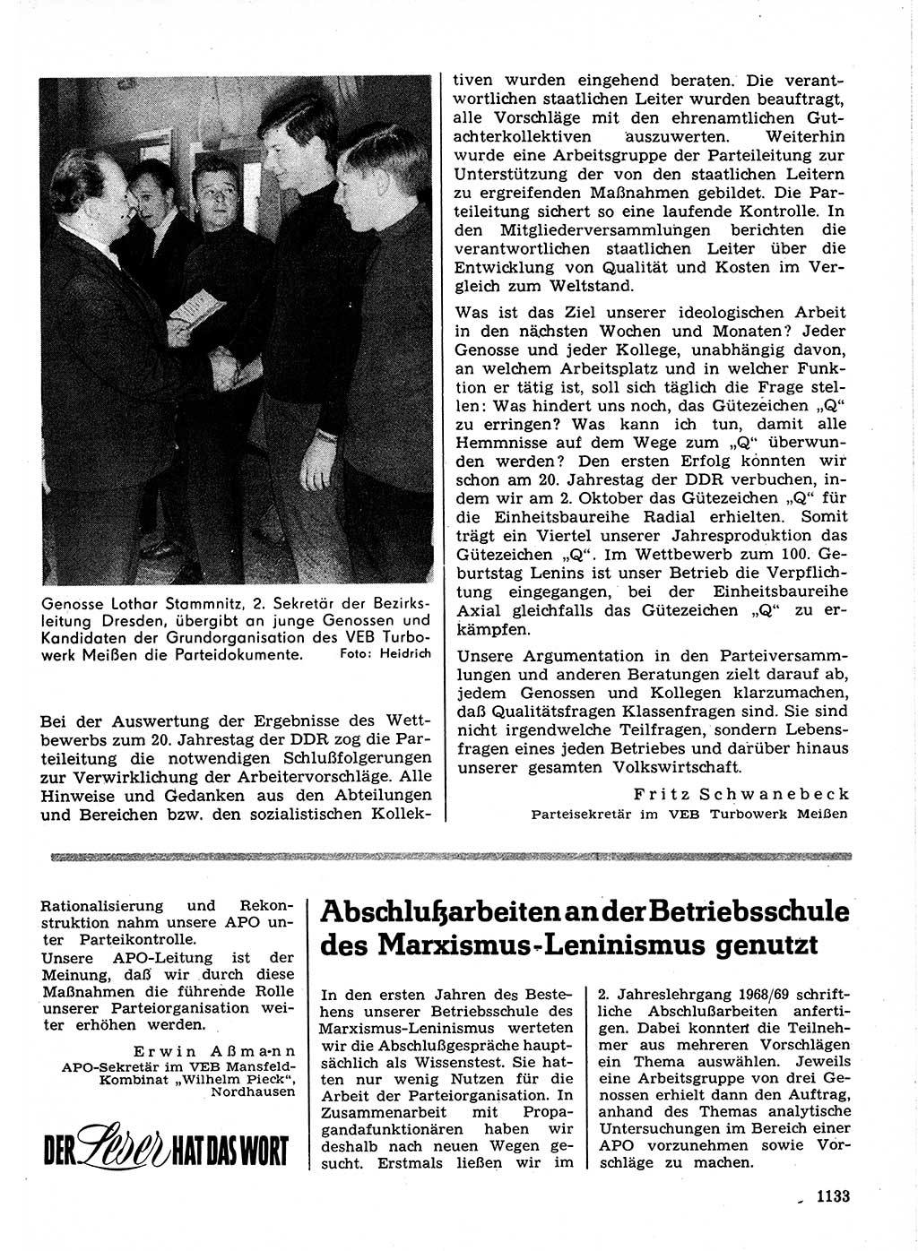 Neuer Weg (NW), Organ des Zentralkomitees (ZK) der SED (Sozialistische Einheitspartei Deutschlands) für Fragen des Parteilebens, 24. Jahrgang [Deutsche Demokratische Republik (DDR)] 1969, Seite 1133 (NW ZK SED DDR 1969, S. 1133)