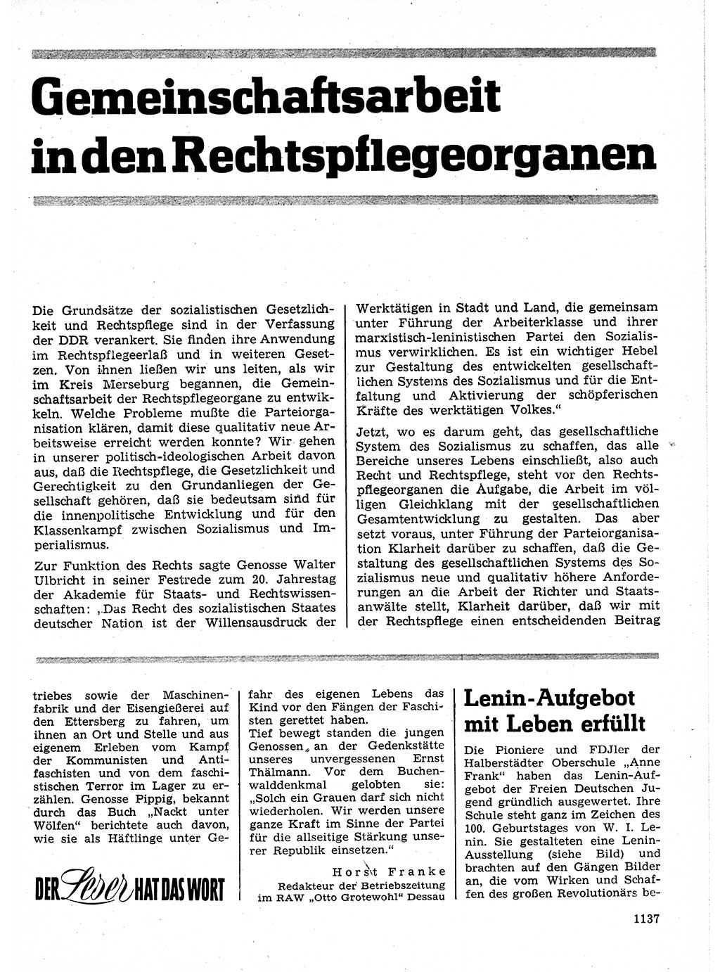 Neuer Weg (NW), Organ des Zentralkomitees (ZK) der SED (Sozialistische Einheitspartei Deutschlands) für Fragen des Parteilebens, 24. Jahrgang [Deutsche Demokratische Republik (DDR)] 1969, Seite 1137 (NW ZK SED DDR 1969, S. 1137)