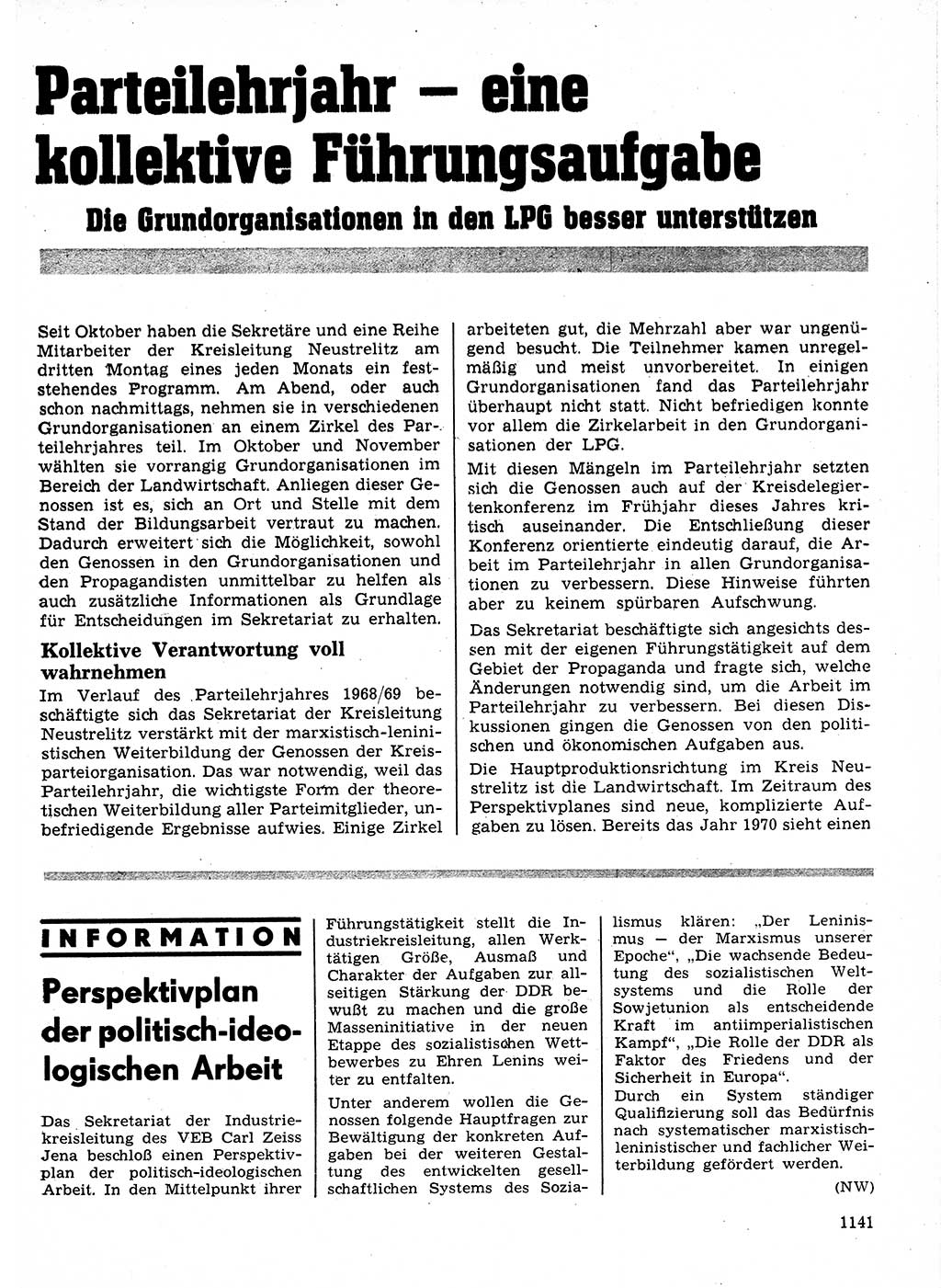 Neuer Weg (NW), Organ des Zentralkomitees (ZK) der SED (Sozialistische Einheitspartei Deutschlands) für Fragen des Parteilebens, 24. Jahrgang [Deutsche Demokratische Republik (DDR)] 1969, Seite 1141 (NW ZK SED DDR 1969, S. 1141)