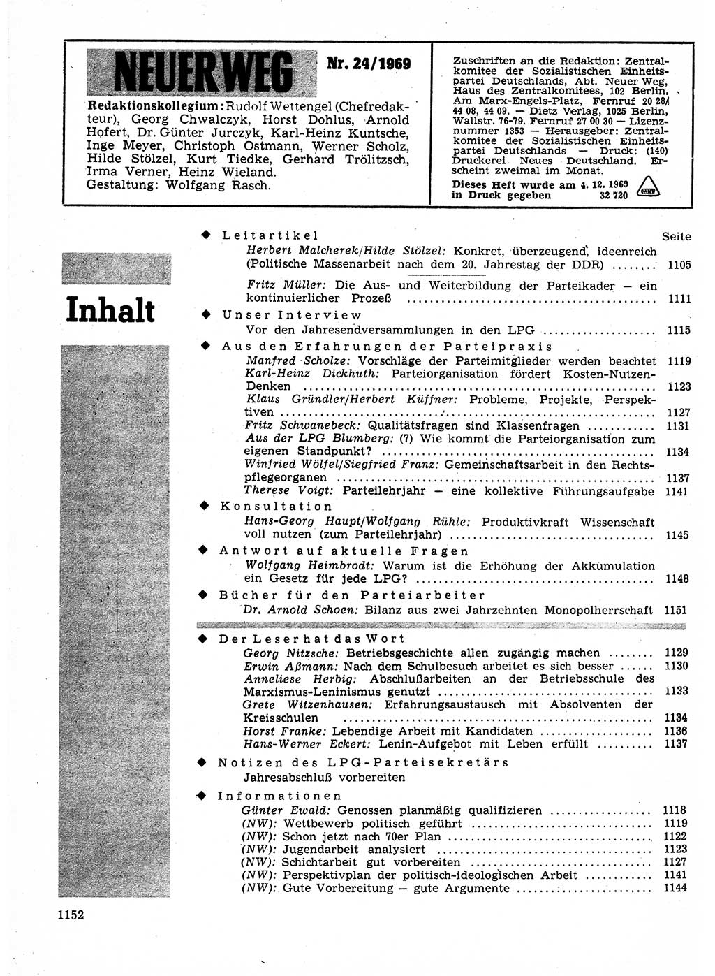 Neuer Weg (NW), Organ des Zentralkomitees (ZK) der SED (Sozialistische Einheitspartei Deutschlands) für Fragen des Parteilebens, 24. Jahrgang [Deutsche Demokratische Republik (DDR)] 1969, Seite 1152 (NW ZK SED DDR 1969, S. 1152)