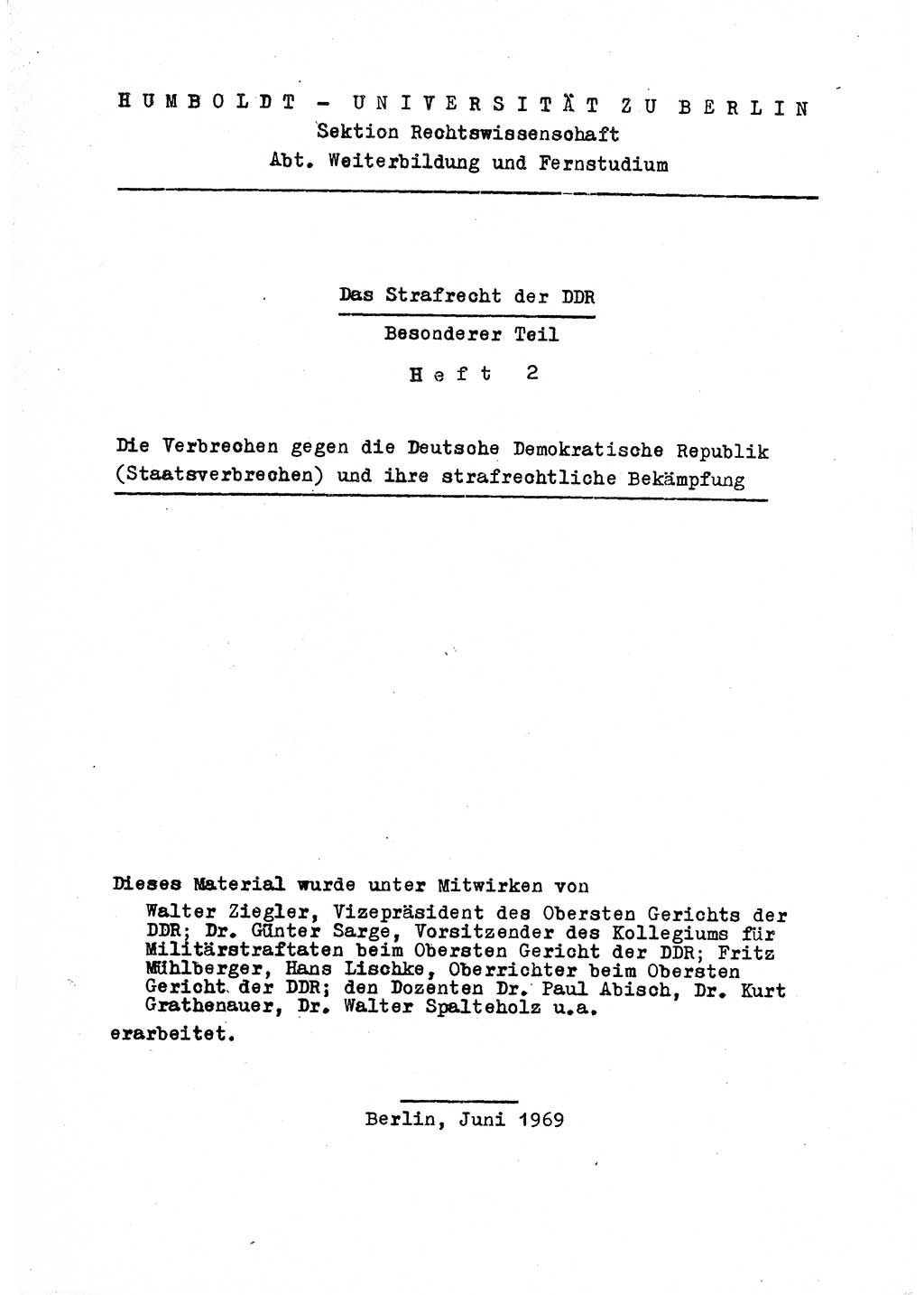 Strafrecht der DDR (Deutsche Demokratische Republik), Besonderer Teil, Lehrmaterial, Heft 2 1969, Seite 1 (Strafr. DDR BT Lehrmat. H. 2 1969, S. 1)