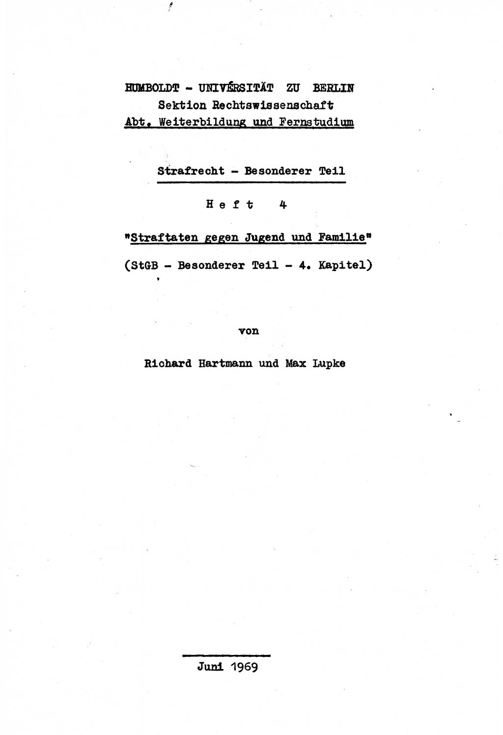 Strafrecht der DDR (Deutsche Demokratische Republik), Besonderer Teil, Lehrmaterial, Heft 4 1969, Seite 1 (Strafr. DDR BT Lehrmat. H. 4 1969, S. 1)