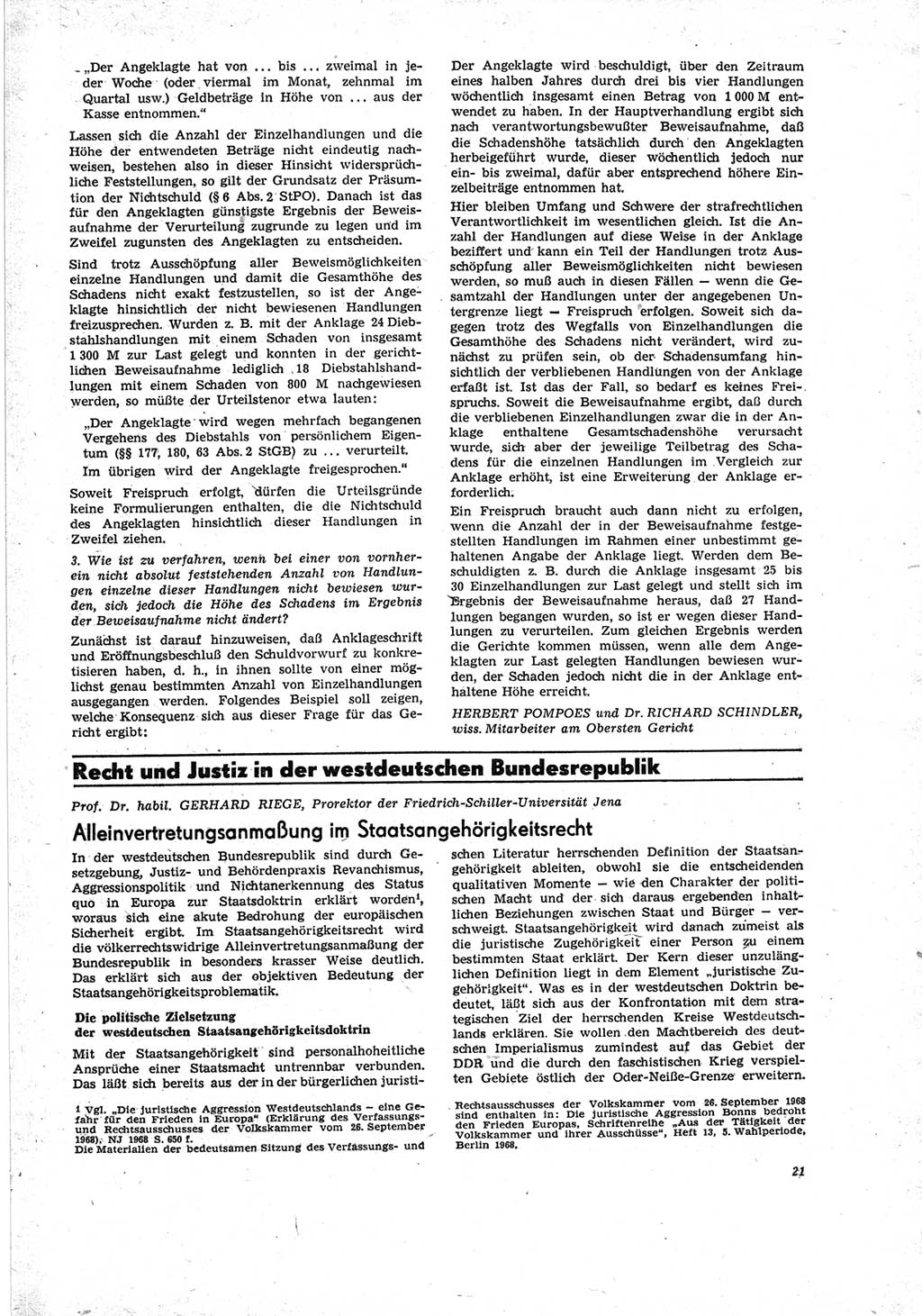 Neue Justiz (NJ), Zeitschrift für Recht und Rechtswissenschaft [Deutsche Demokratische Republik (DDR)], 23. Jahrgang 1969, Seite 21 (NJ DDR 1969, S. 21)
