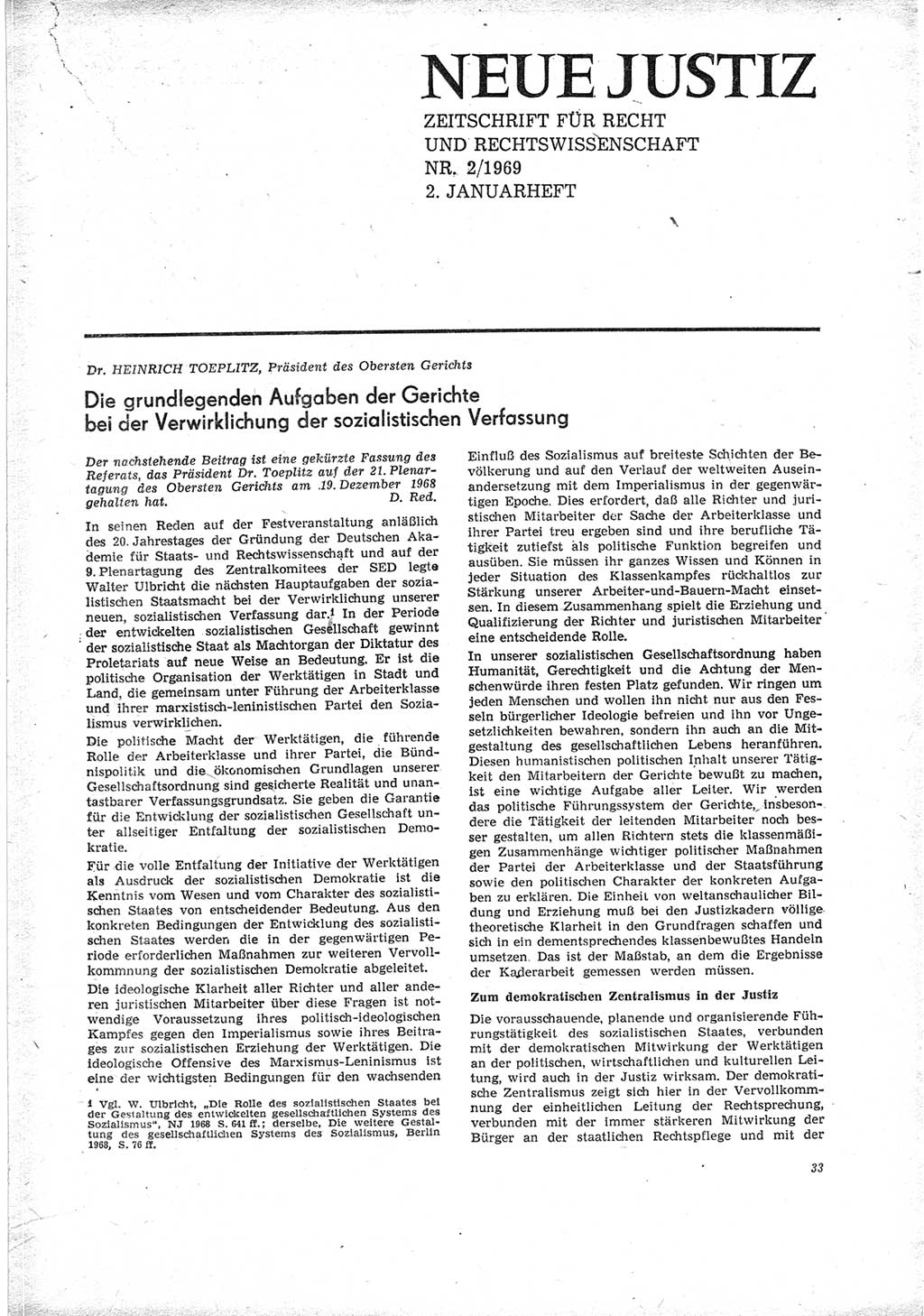 Neue Justiz (NJ), Zeitschrift für Recht und Rechtswissenschaft [Deutsche Demokratische Republik (DDR)], 23. Jahrgang 1969, Seite 33 (NJ DDR 1969, S. 33)