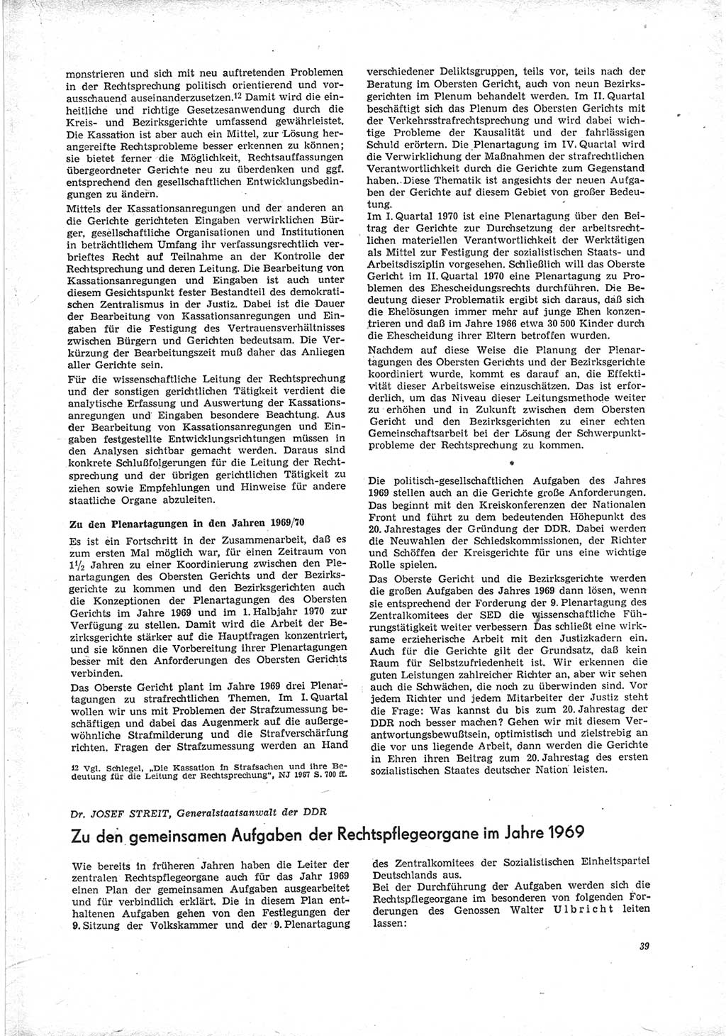 Neue Justiz (NJ), Zeitschrift für Recht und Rechtswissenschaft [Deutsche Demokratische Republik (DDR)], 23. Jahrgang 1969, Seite 39 (NJ DDR 1969, S. 39)