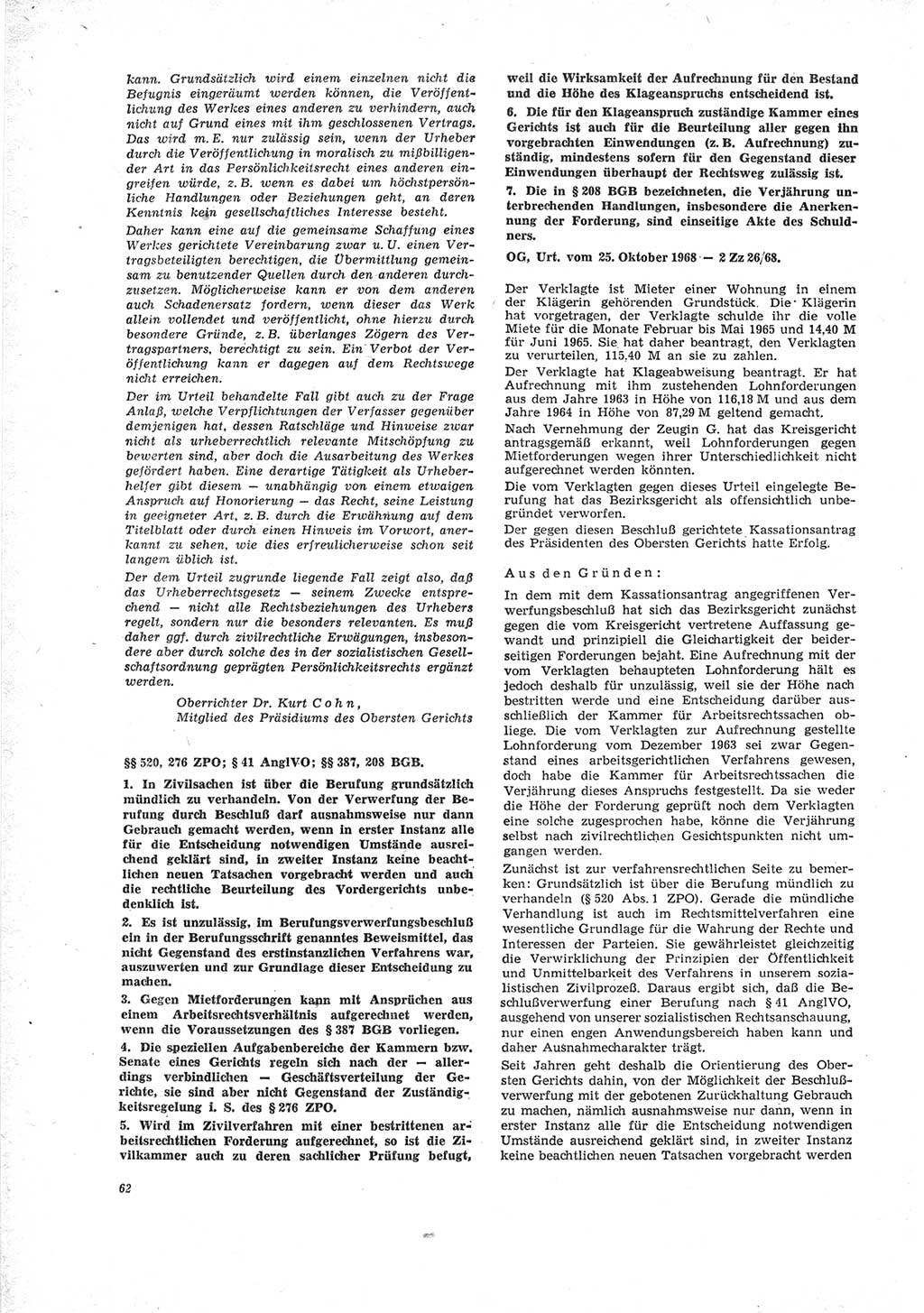 Neue Justiz (NJ), Zeitschrift für Recht und Rechtswissenschaft [Deutsche Demokratische Republik (DDR)], 23. Jahrgang 1969, Seite 62 (NJ DDR 1969, S. 62)