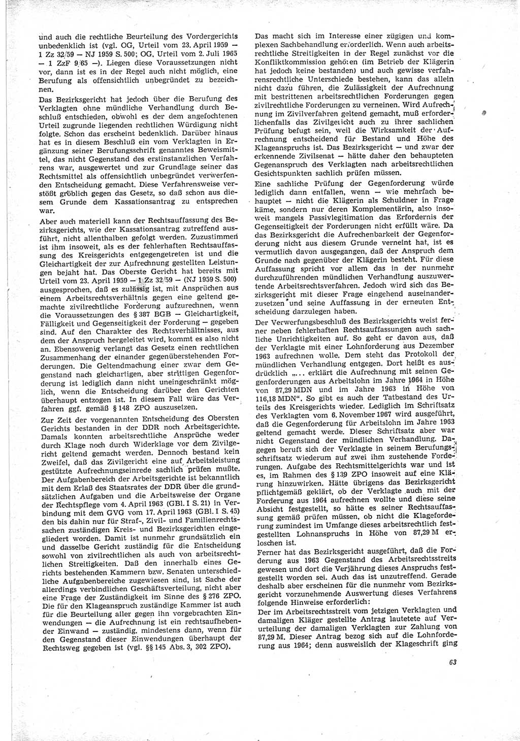 Neue Justiz (NJ), Zeitschrift für Recht und Rechtswissenschaft [Deutsche Demokratische Republik (DDR)], 23. Jahrgang 1969, Seite 63 (NJ DDR 1969, S. 63)