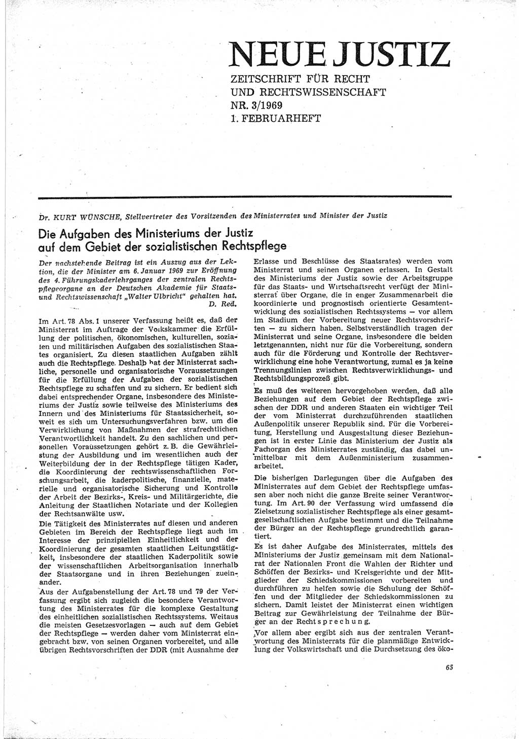 Neue Justiz (NJ), Zeitschrift für Recht und Rechtswissenschaft [Deutsche Demokratische Republik (DDR)], 23. Jahrgang 1969, Seite 65 (NJ DDR 1969, S. 65)