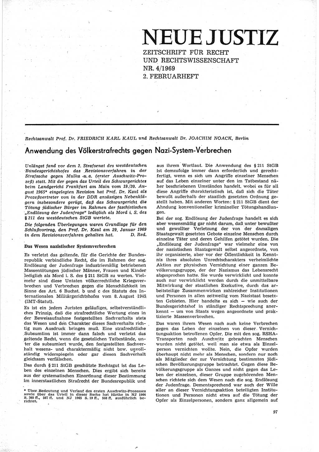 Neue Justiz (NJ), Zeitschrift für Recht und Rechtswissenschaft [Deutsche Demokratische Republik (DDR)], 23. Jahrgang 1969, Seite 97 (NJ DDR 1969, S. 97)