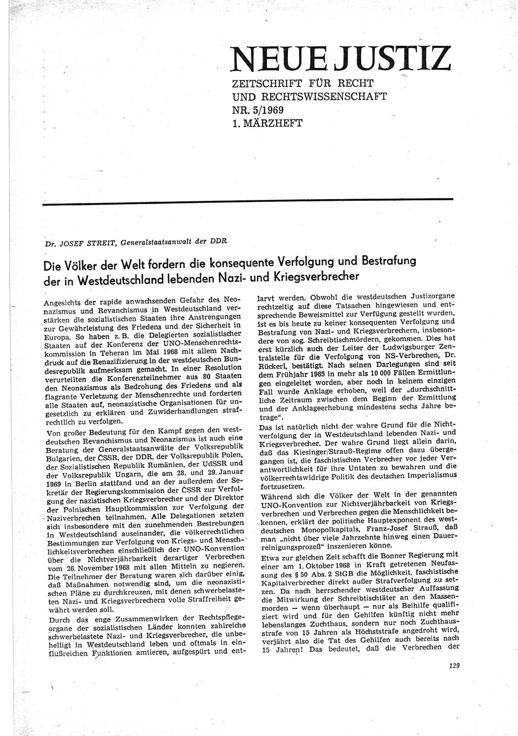 Neue Justiz (NJ), Zeitschrift für Recht und Rechtswissenschaft [Deutsche Demokratische Republik (DDR)], 23. Jahrgang 1969, Seite 129 (NJ DDR 1969, S. 129)