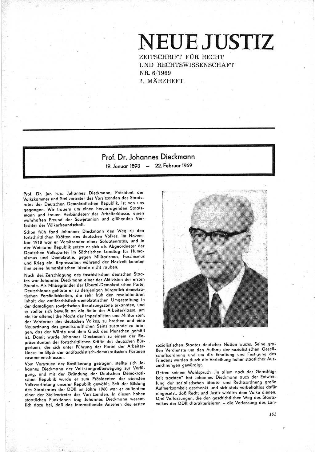 Neue Justiz (NJ), Zeitschrift für Recht und Rechtswissenschaft [Deutsche Demokratische Republik (DDR)], 23. Jahrgang 1969, Seite 161 (NJ DDR 1969, S. 161)