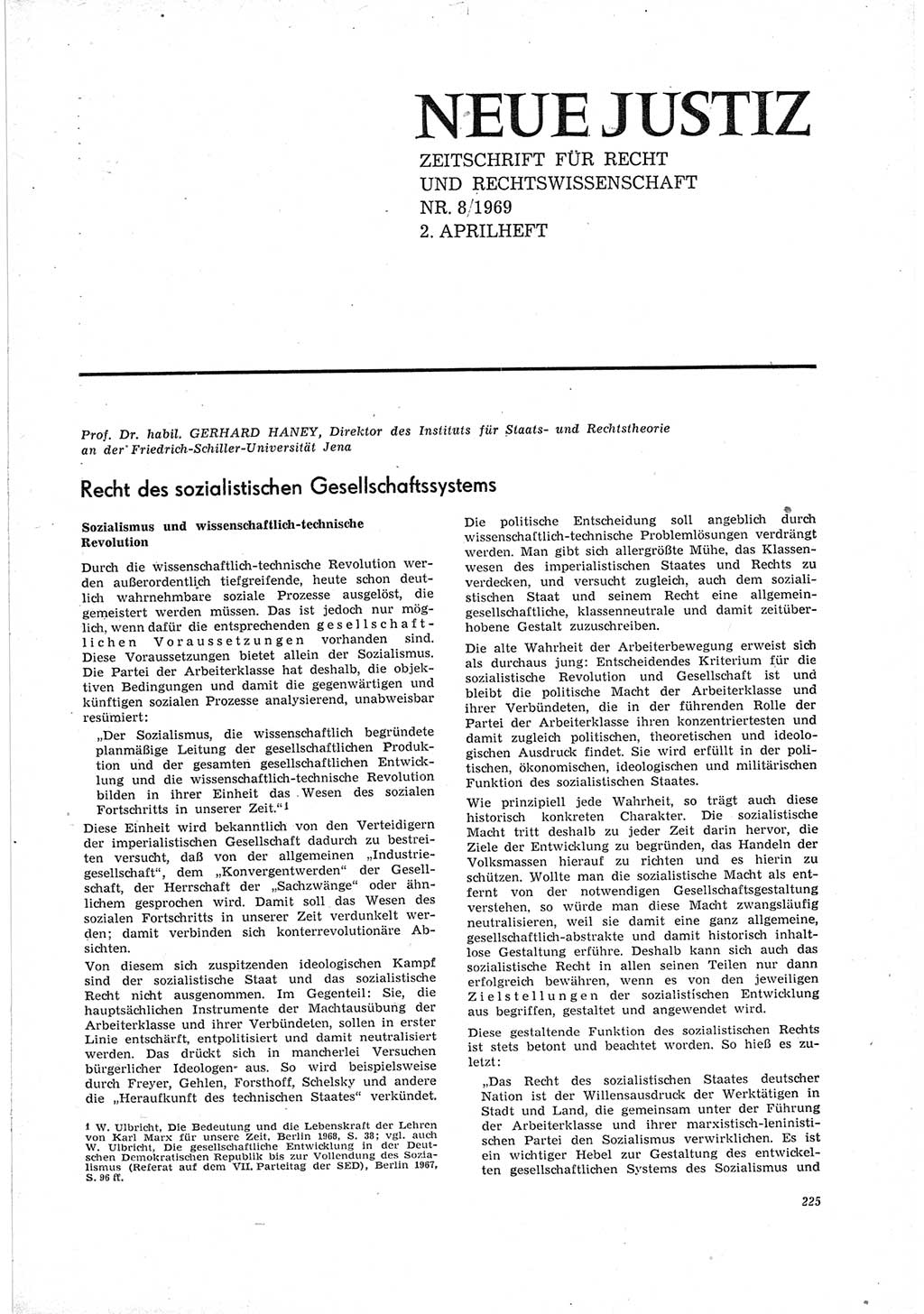 Neue Justiz (NJ), Zeitschrift für Recht und Rechtswissenschaft [Deutsche Demokratische Republik (DDR)], 23. Jahrgang 1969, Seite 225 (NJ DDR 1969, S. 225)