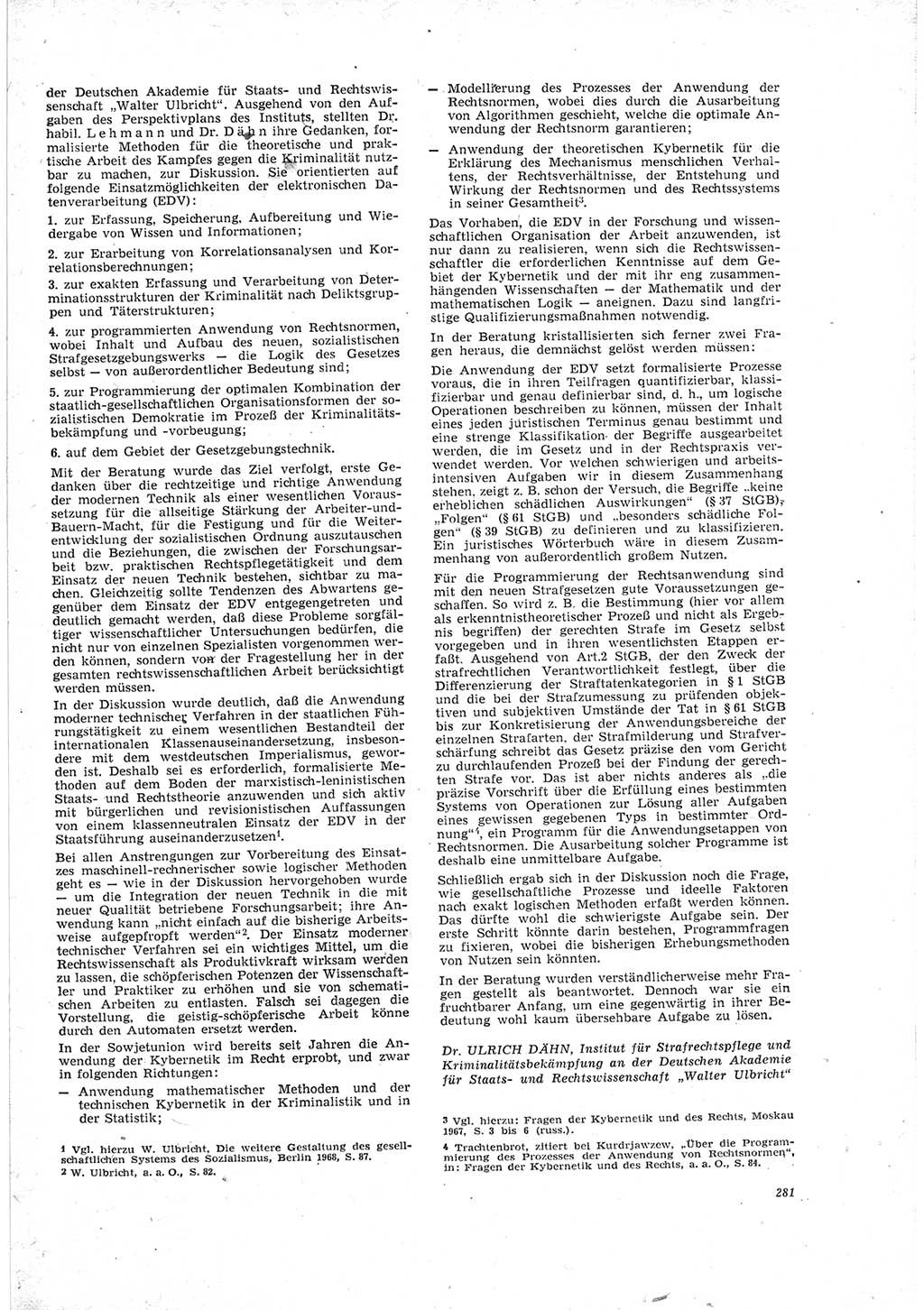 Neue Justiz (NJ), Zeitschrift für Recht und Rechtswissenschaft [Deutsche Demokratische Republik (DDR)], 23. Jahrgang 1969, Seite 281 (NJ DDR 1969, S. 281)