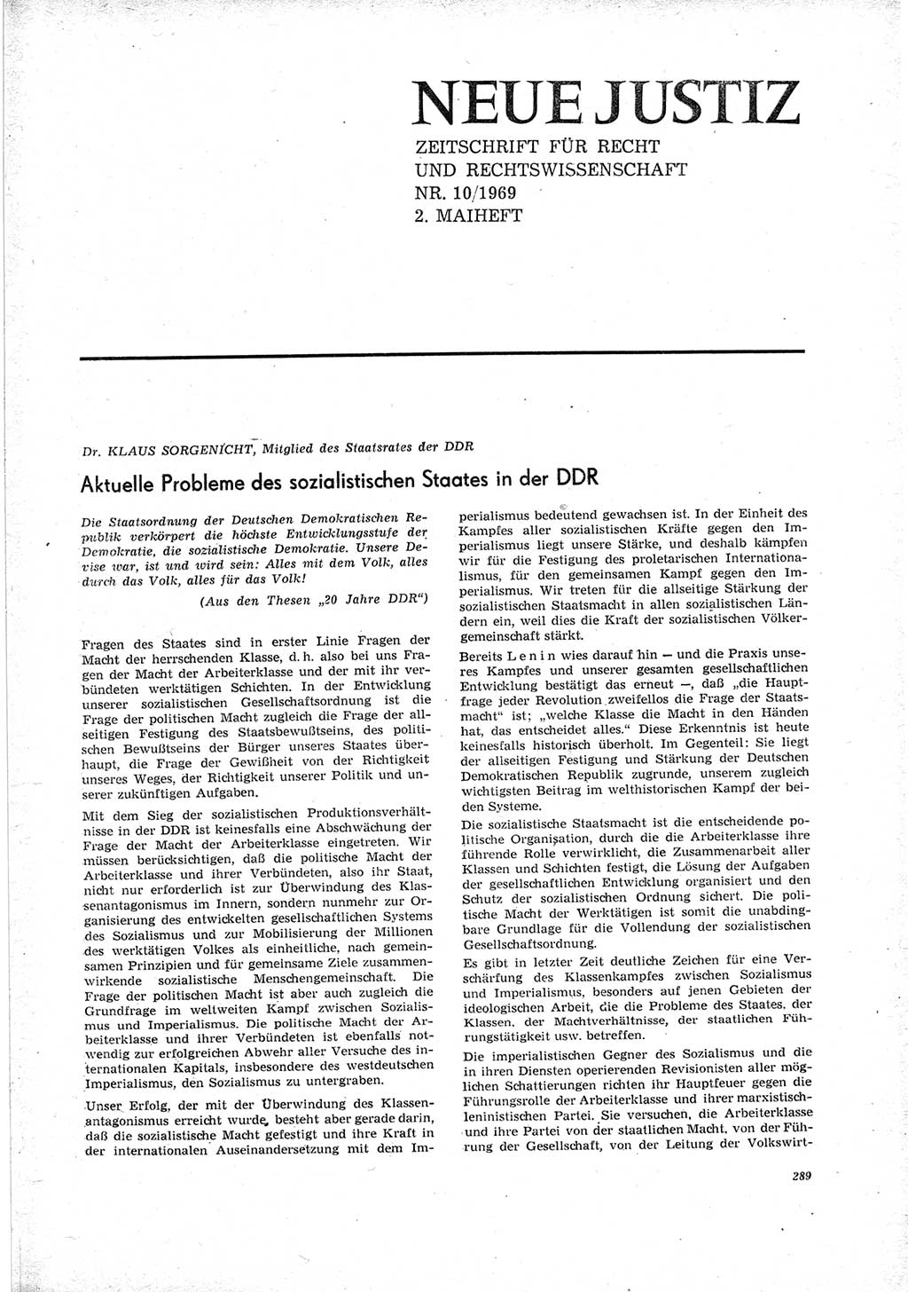 Neue Justiz (NJ), Zeitschrift für Recht und Rechtswissenschaft [Deutsche Demokratische Republik (DDR)], 23. Jahrgang 1969, Seite 289 (NJ DDR 1969, S. 289)