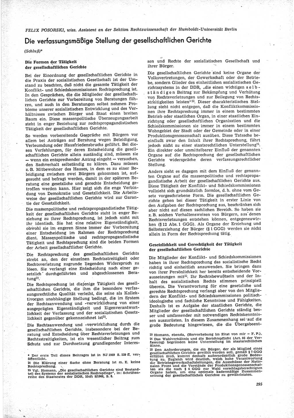 Neue Justiz (NJ), Zeitschrift für Recht und Rechtswissenschaft [Deutsche Demokratische Republik (DDR)], 23. Jahrgang 1969, Seite 295 (NJ DDR 1969, S. 295)