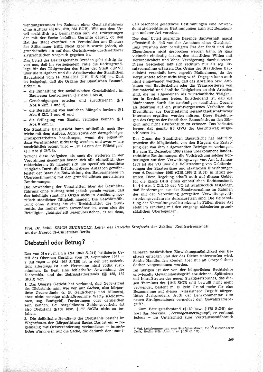 Neue Justiz (NJ), Zeitschrift für Recht und Rechtswissenschaft [Deutsche Demokratische Republik (DDR)], 23. Jahrgang 1969, Seite 309 (NJ DDR 1969, S. 309)