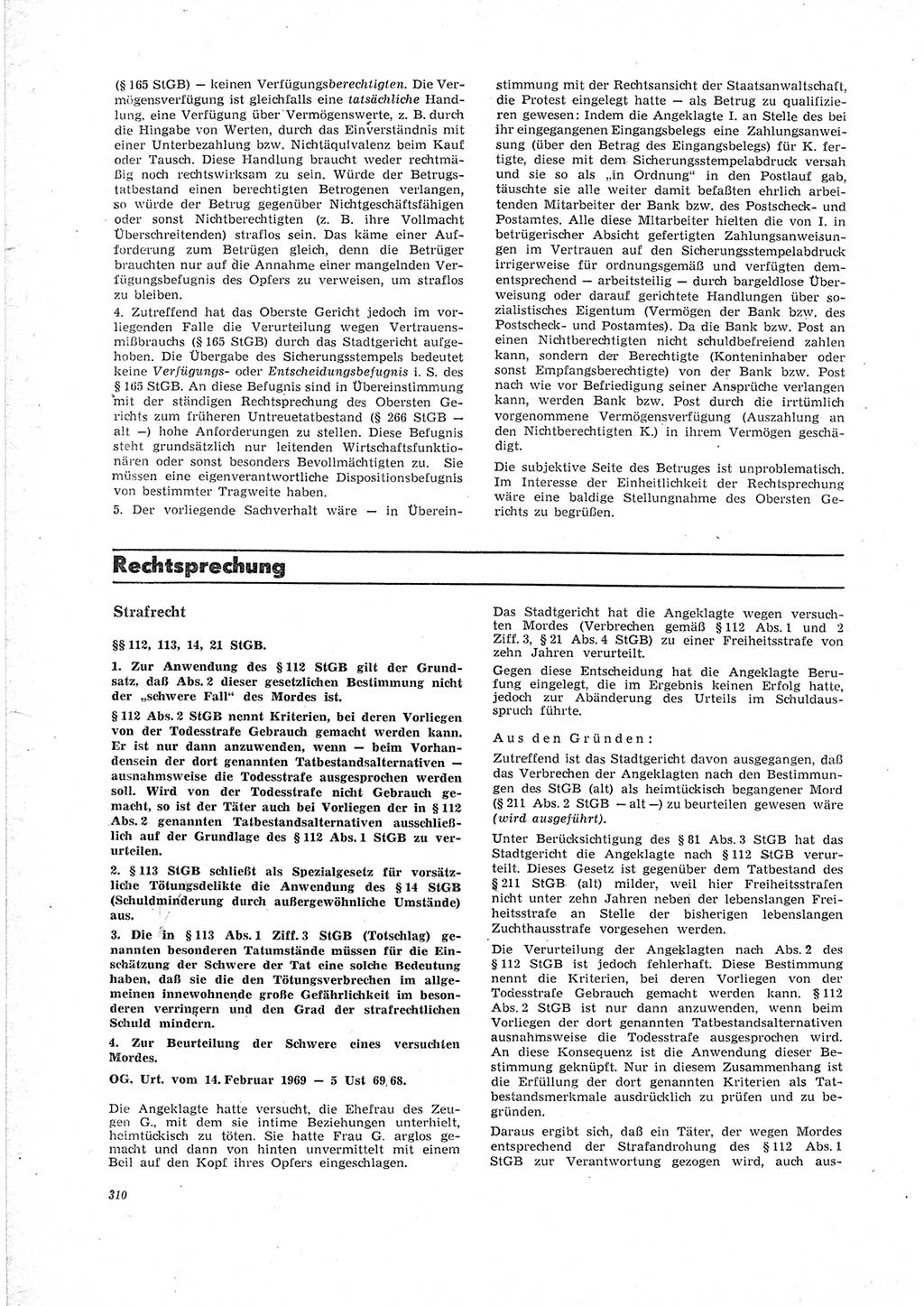 Neue Justiz (NJ), Zeitschrift für Recht und Rechtswissenschaft [Deutsche Demokratische Republik (DDR)], 23. Jahrgang 1969, Seite 310 (NJ DDR 1969, S. 310)